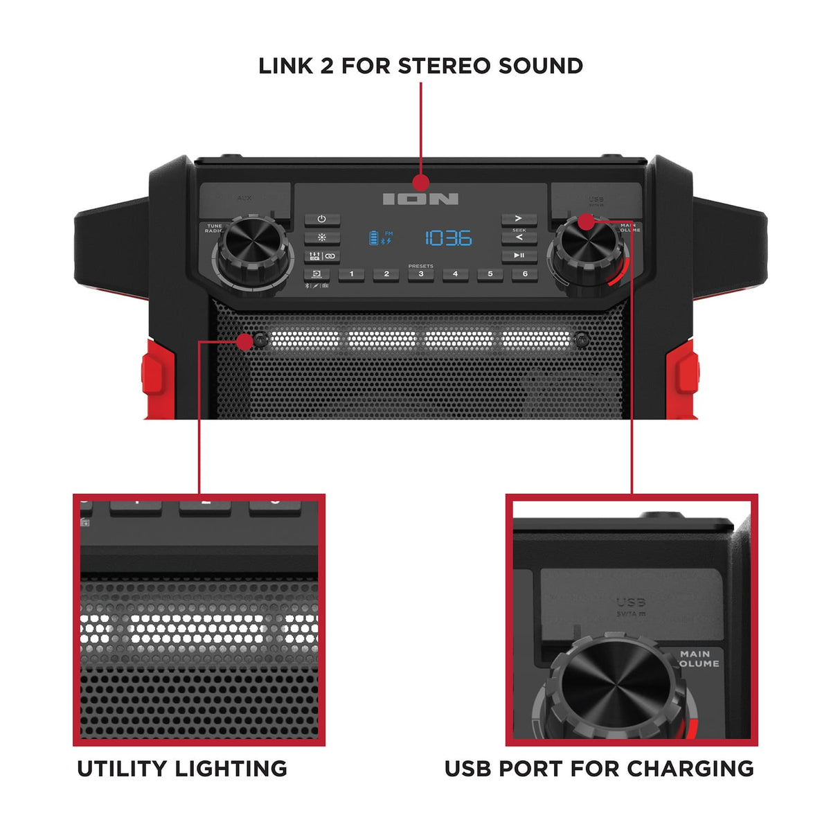 ION 22-Watt-RMS Tailgater Classic Portable Bluetooth Rechargeable Speaker with Link 2, FM, Light, IPX5, up to 15 Hours Play Time, Black/Red