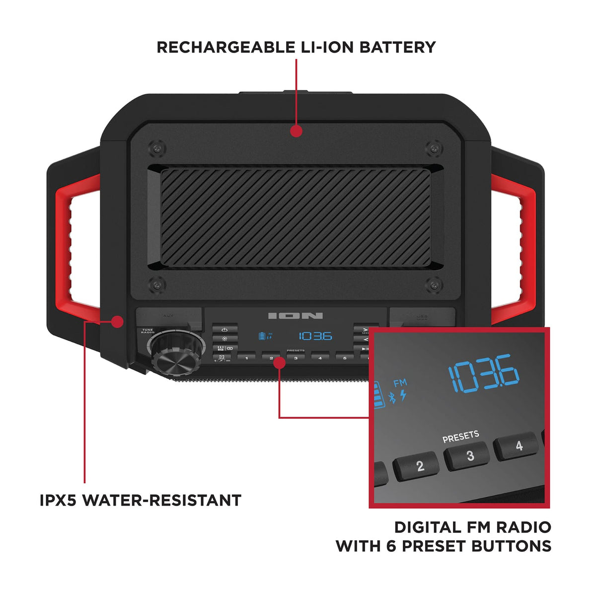 ION 22-Watt-RMS Tailgater Classic Portable Bluetooth Rechargeable Speaker with Link 2, FM, Light, IPX5, up to 15 Hours Play Time, Black/Red