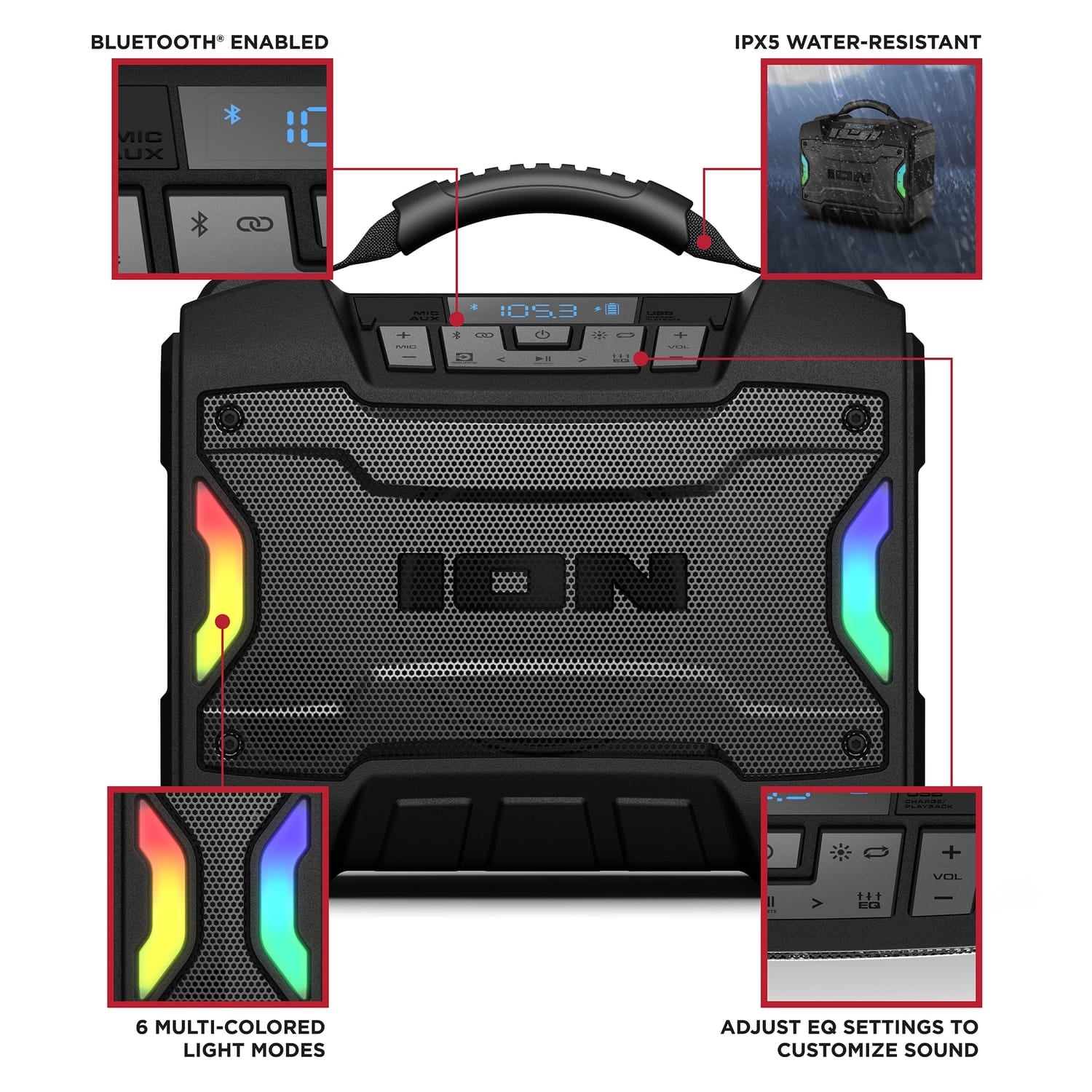 ION 22-Watt-RMS Tailgator TD Portable Bluetooth Rechargeable Speaker, TWS, Lights, FM/USB/Aux, Rugged Design, IPX5, up to 10 Hours Play Time