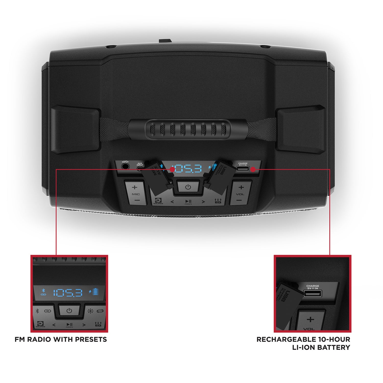 ION 22-Watt-RMS Tailgator TD Portable Bluetooth Rechargeable Speaker, TWS, Lights, FM/USB/Aux, Rugged Design, IPX5, up to 10 Hours Play Time
