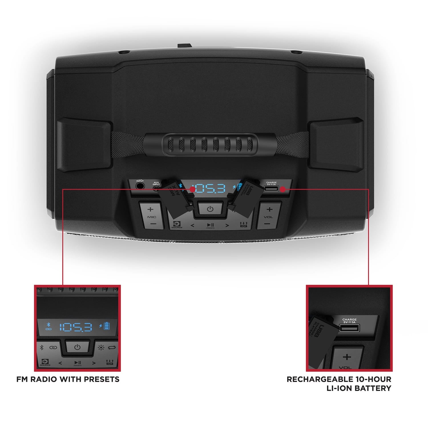 ION 22-Watt-RMS Tailgator TD Portable Bluetooth Rechargeable Speaker, TWS, Lights, FM/USB/Aux, Rugged Design, IPX5, up to 10 Hours Play Time
