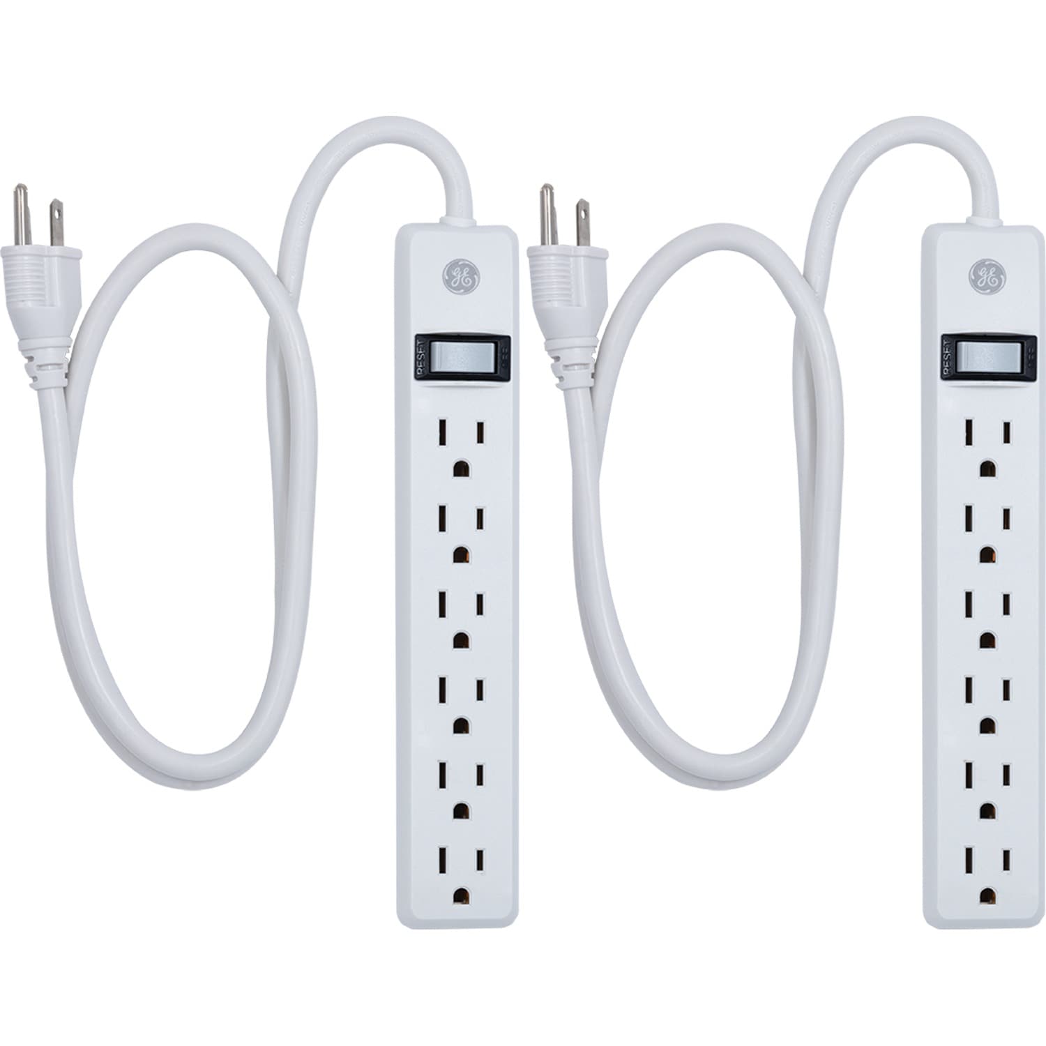 GE 6-AC Outlet 450-Joules Surge Protector Power Strip, 3-Ft. Cord with Straight Plug, 14709, 2 Pack