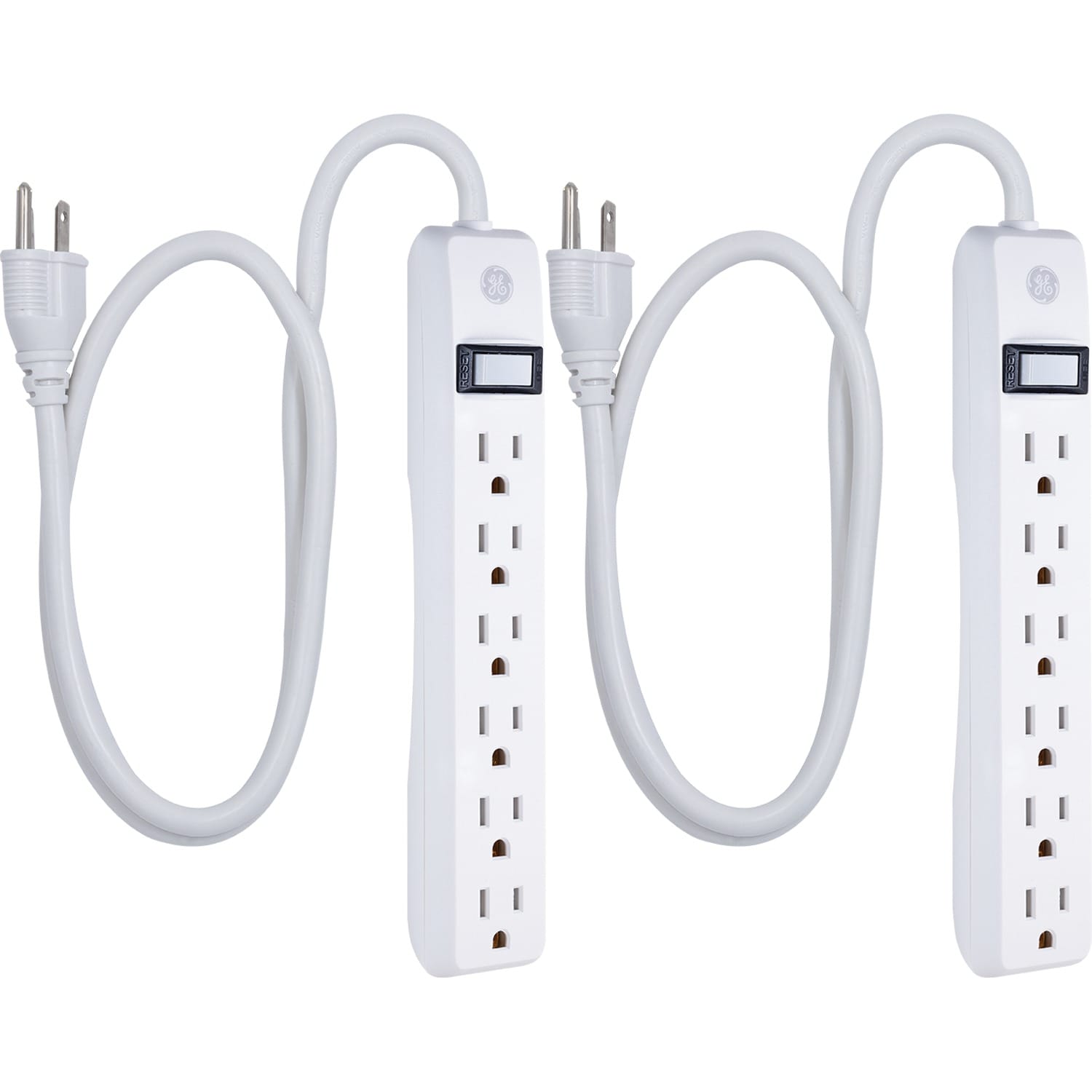 GE 6-AC Outlet 450-Joules Surge Protector Power Strip, 3-Ft. Cord with Straight Plug, 14709, 2 Pack