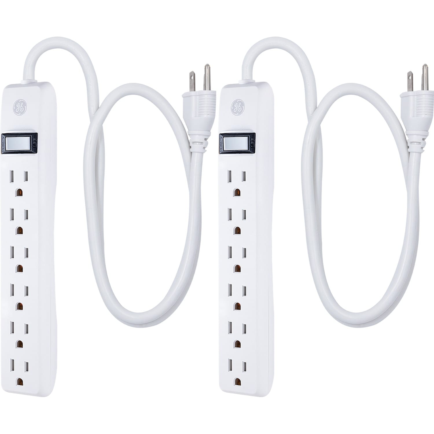 GE 6-AC Outlet 450-Joules Surge Protector Power Strip, 3-Ft. Cord with Straight Plug, 14709, 2 Pack