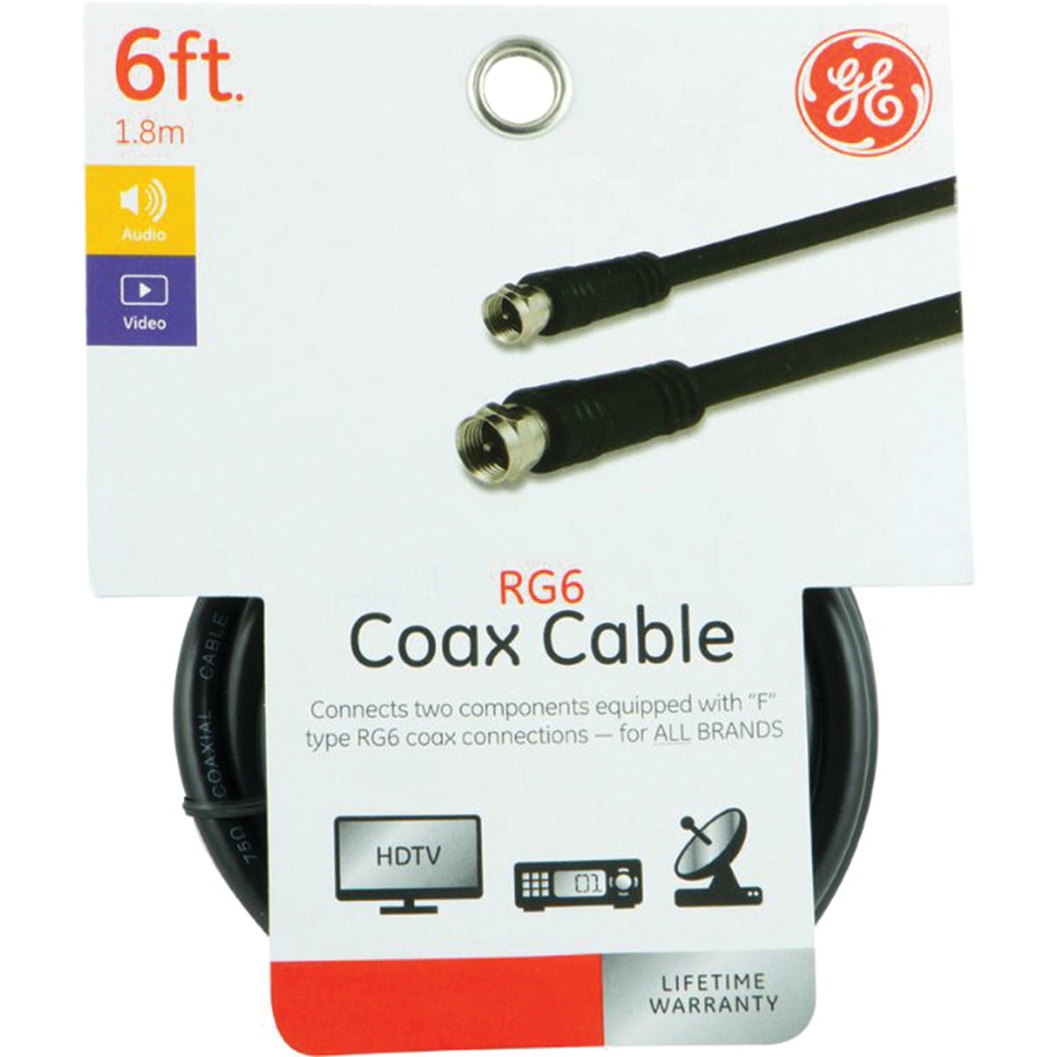 GE RG6 Coaxial Cable with F-Type Connectors, Black, 6 Ft.