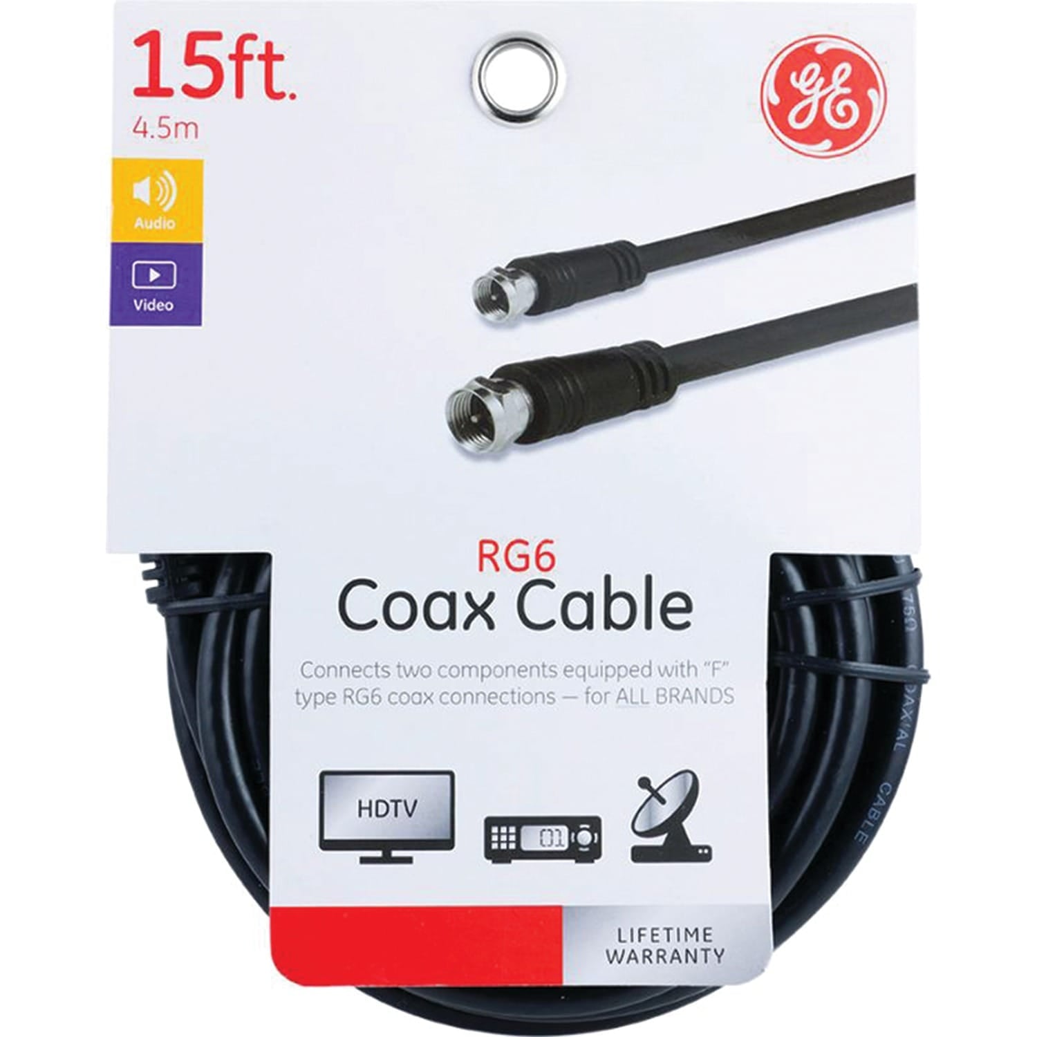 GE RG6 Coaxial Cable with F-Type Connectors, Black, 15 Ft.