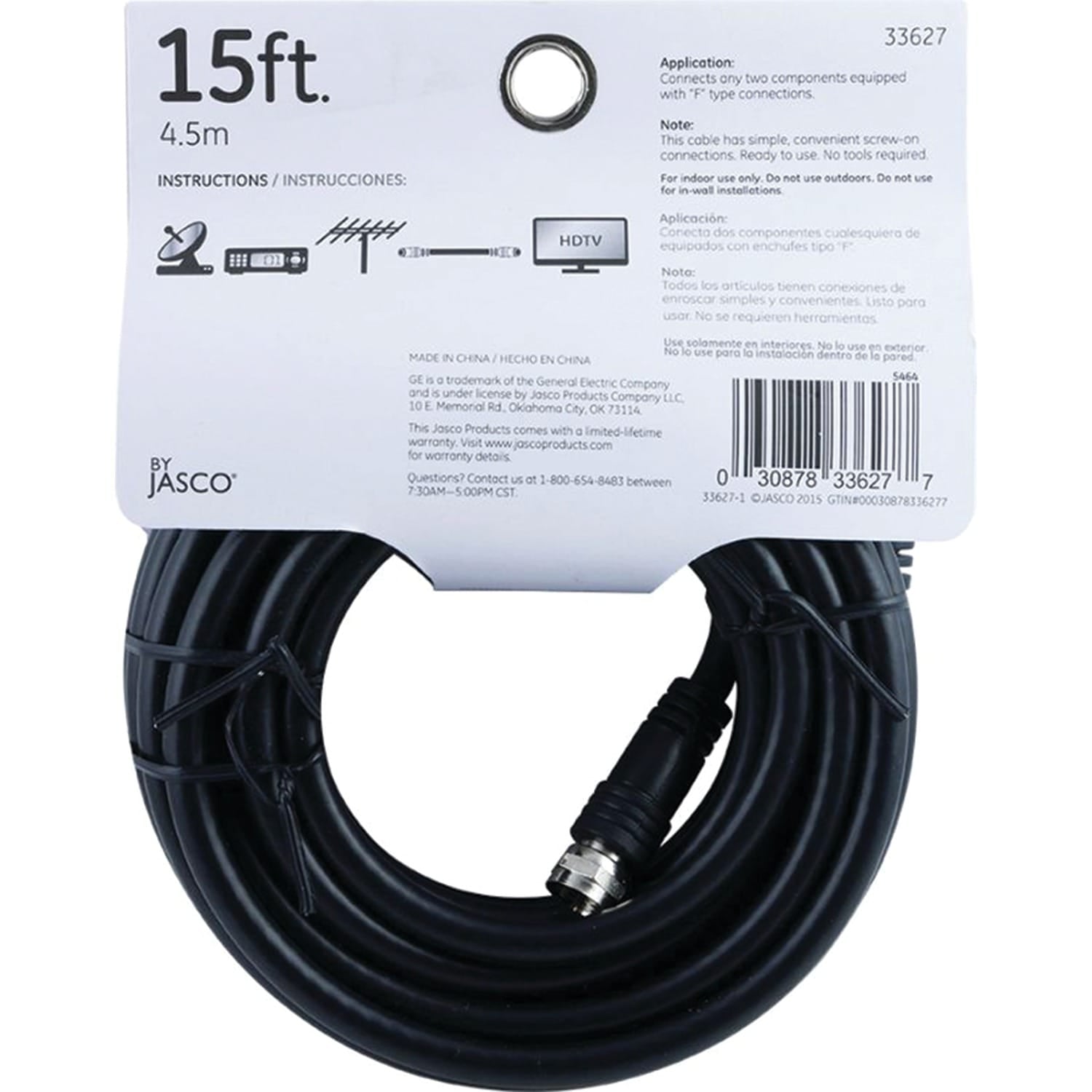 GE RG6 Coaxial Cable with F-Type Connectors, Black, 15 Ft.