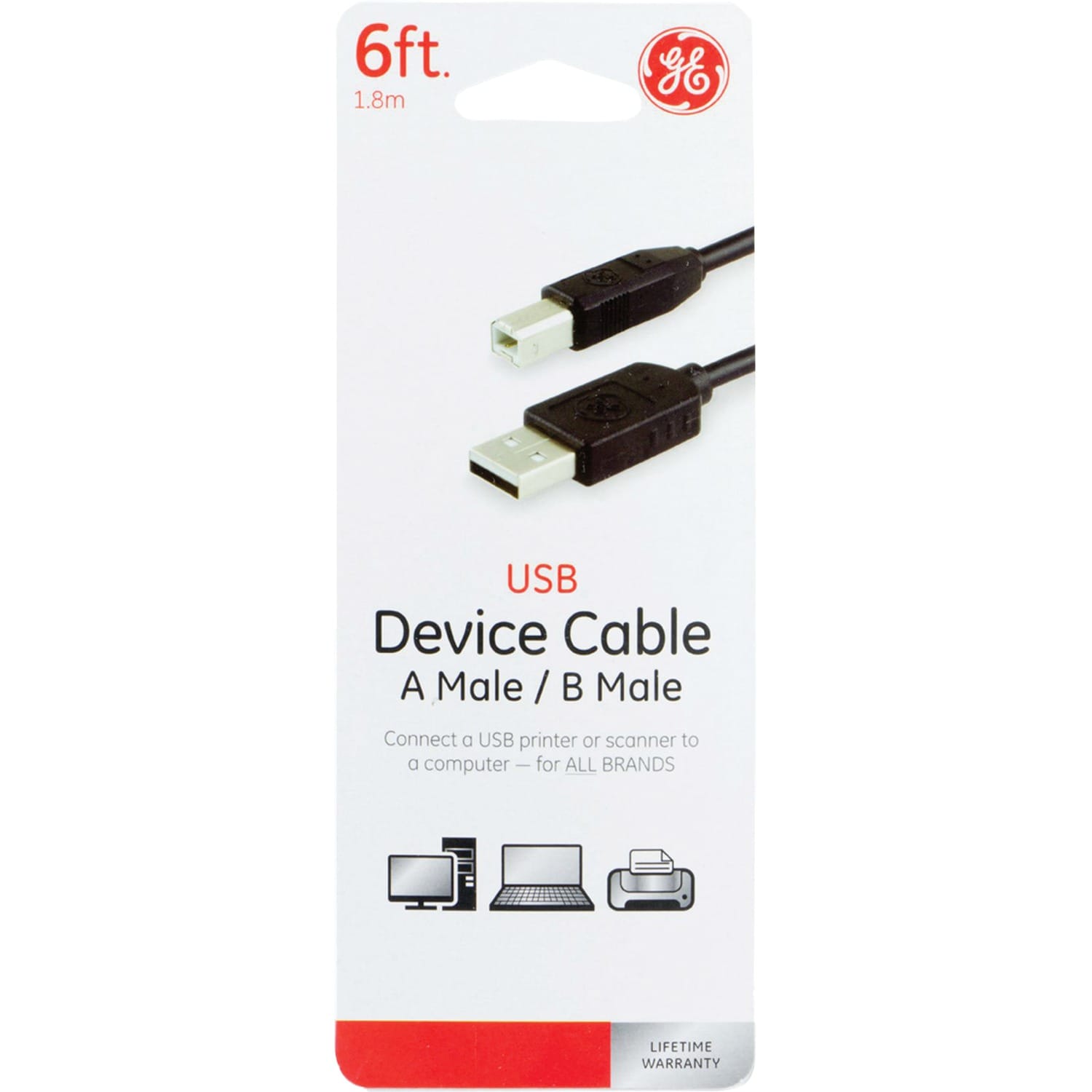 GE A-Male to B-Male USB 2.0 Cable, 6 Ft., Black, 33760