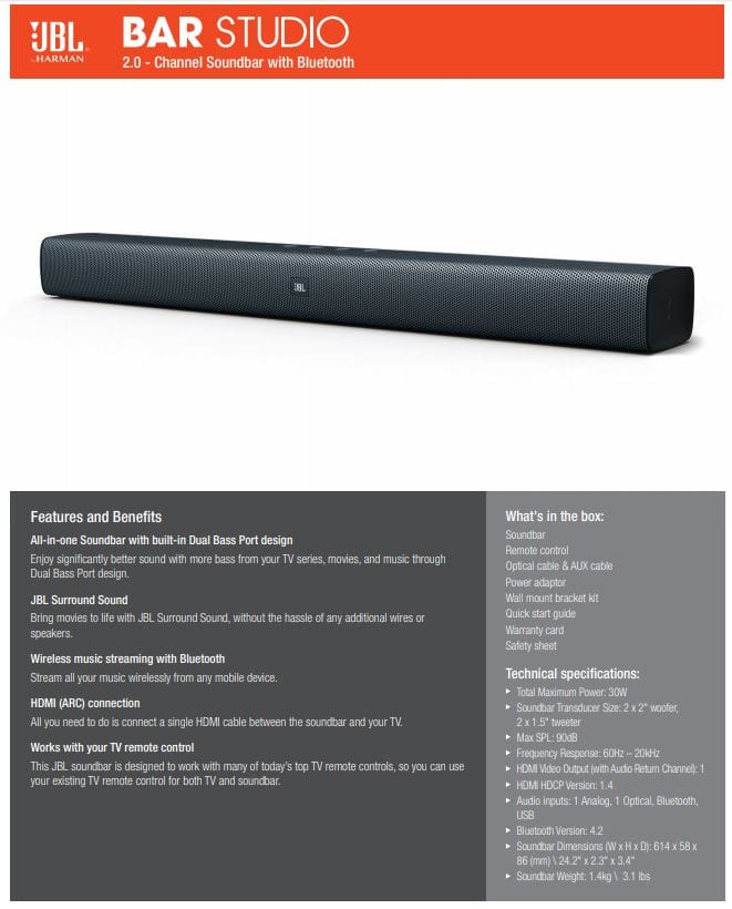 JBL Studio 2.0 Sound Bar - Refurbished