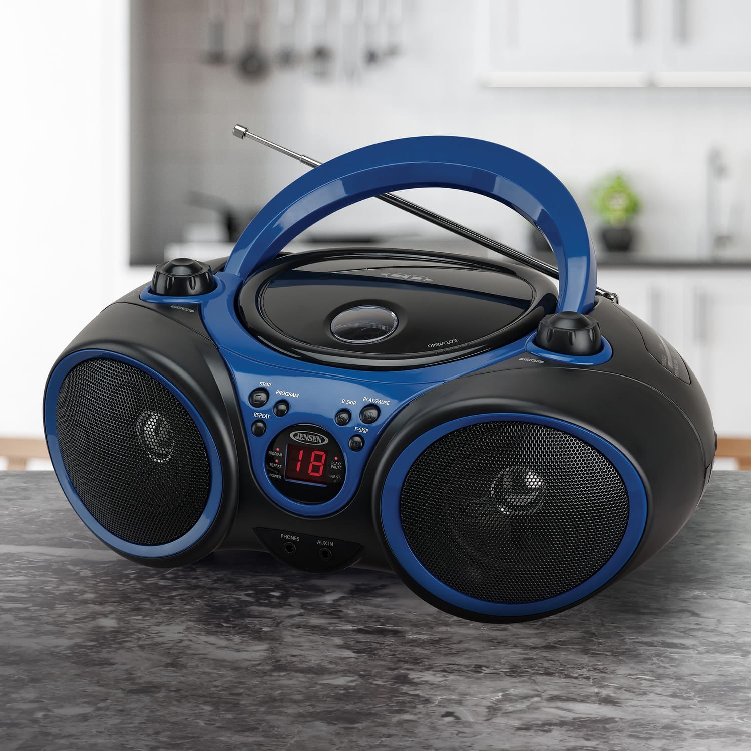 Jensen Portable CD Player with AM/FM Stereo Radio, CD-490, Blue/Black