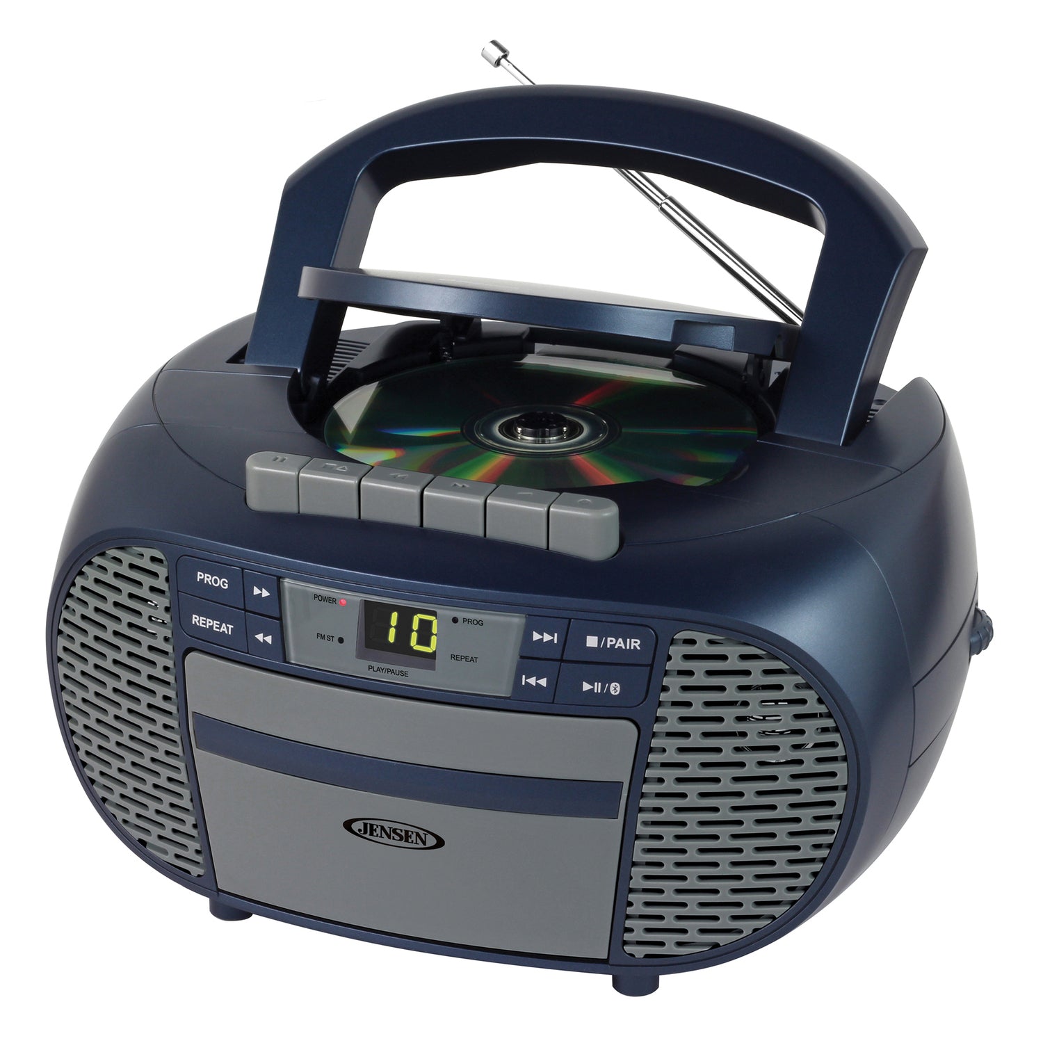 Jensen Portable Bluetooth CD Music System with Built-in Speakers, Cassette Player/Recorder, AM/FM Radio, and Aux, CD-550ABT, Blue