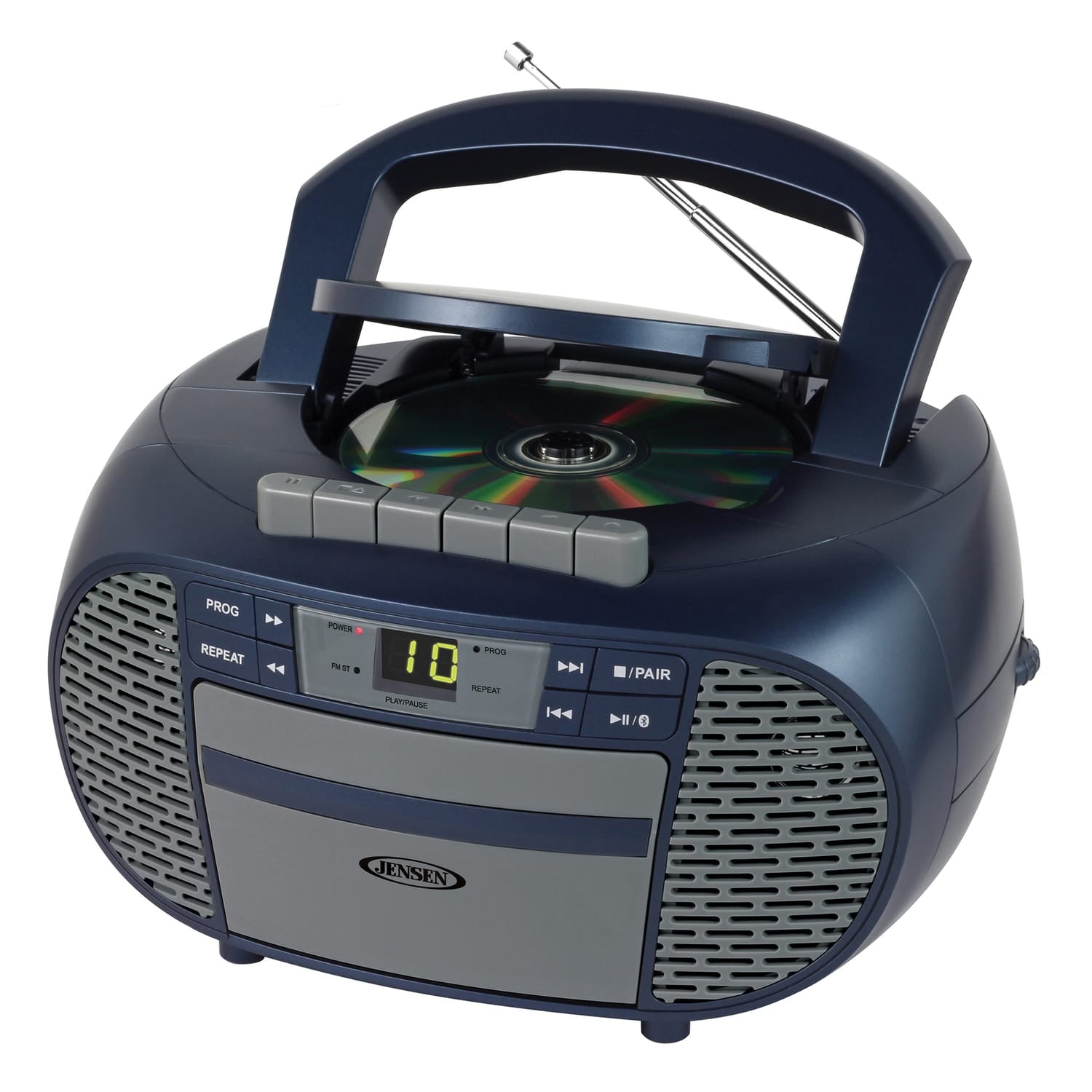 Jensen Portable Bluetooth CD Music System with Built-in Speakers, Cassette Player/Recorder, AM/FM Radio, and Aux, CD-550ABT, Blue