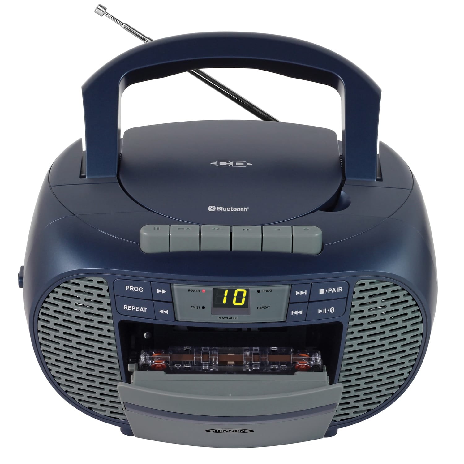 Jensen Portable Bluetooth CD Music System with Built-in Speakers, Cassette Player/Recorder, AM/FM Radio, and Aux, CD-550ABT, Blue