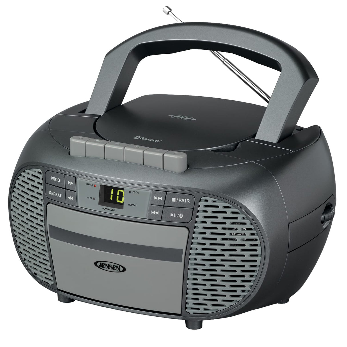 Jensen Portable Bluetooth CD Music System with Built-in Speakers, Cassette Player/Recorder, AM/FM Radio, and Aux, CD-550ABT, Gray