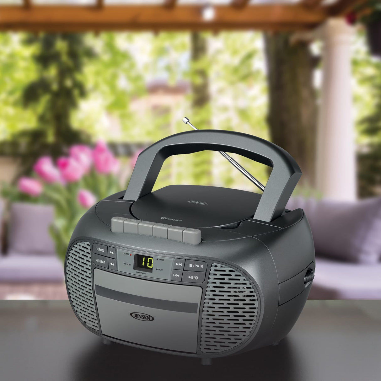 Jensen Portable Bluetooth CD Music System with Built-in Speakers, Cassette Player/Recorder, AM/FM Radio, and Aux, CD-550ABT, Gray