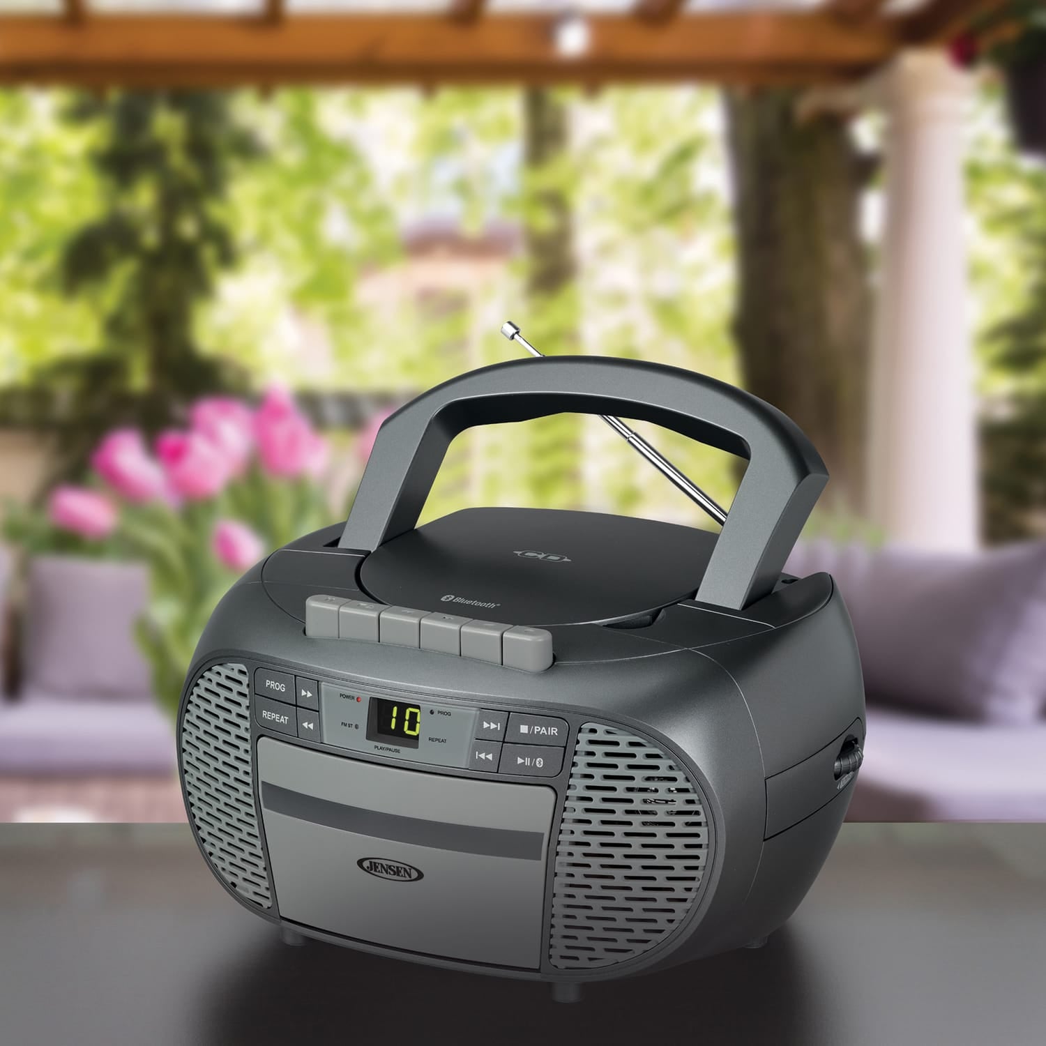 Jensen Portable Bluetooth CD Music System with Built-in Speakers, Cassette Player/Recorder, AM/FM Radio, and Aux, CD-550ABT, Gray