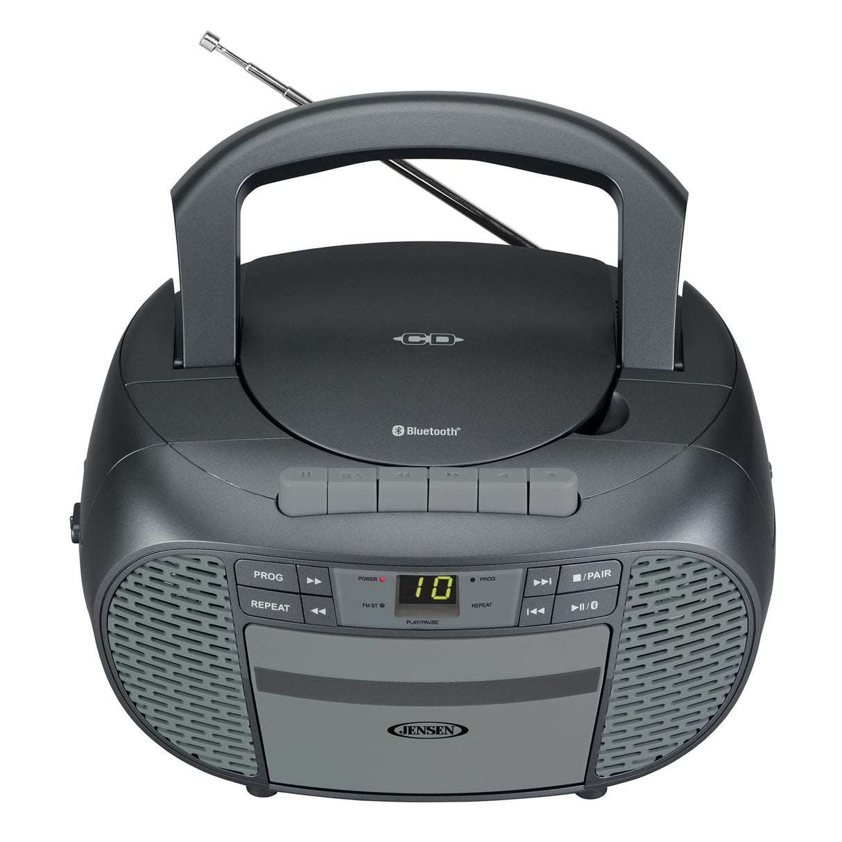 Jensen Portable Bluetooth CD Music System with Built-in Speakers, Cassette Player/Recorder, AM/FM Radio, and Aux, CD-550ABT, Gray