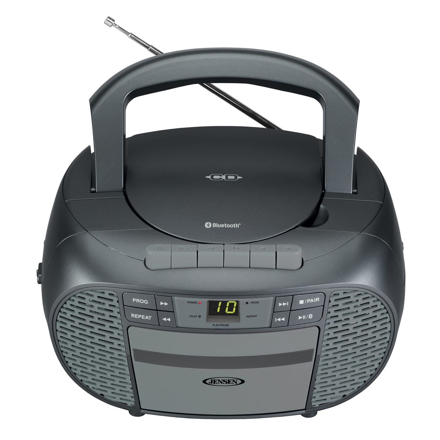 Jensen Portable Bluetooth CD Music System with Built-in Speakers, Cassette Player/Recorder, AM/FM Radio, and Aux, CD-550ABT, Gray