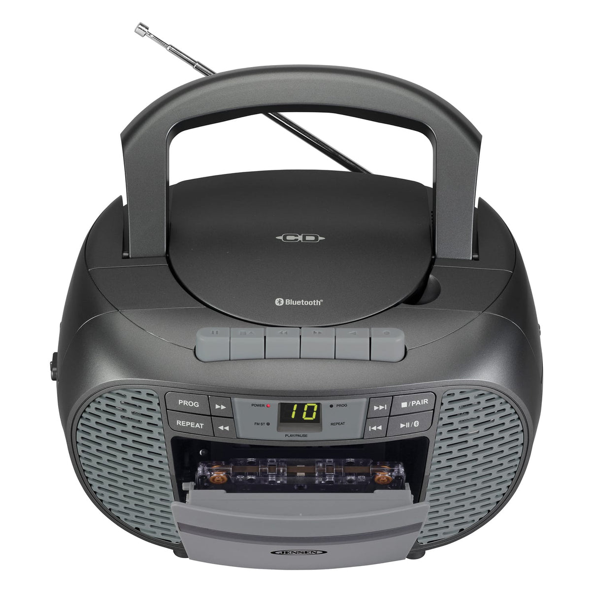 Jensen Portable Bluetooth CD Music System with Built-in Speakers, Cassette Player/Recorder, AM/FM Radio, and Aux, CD-550ABT, Gray