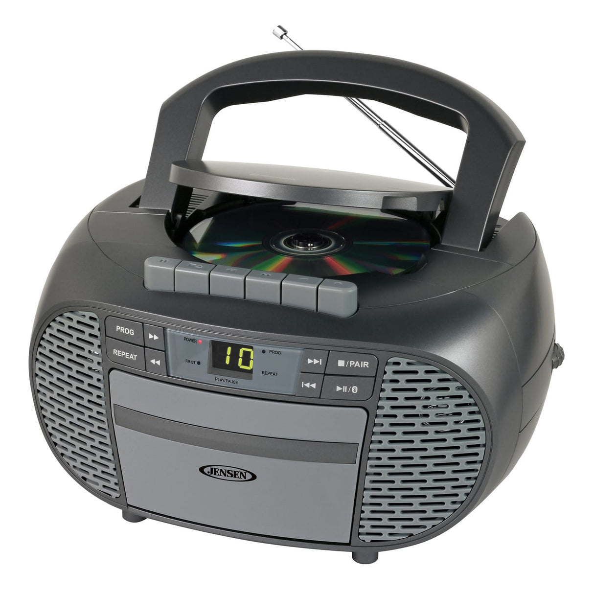 Jensen Portable Bluetooth CD Music System with Built-in Speakers, Cassette Player/Recorder, AM/FM Radio, and Aux, CD-550ABT, Gray
