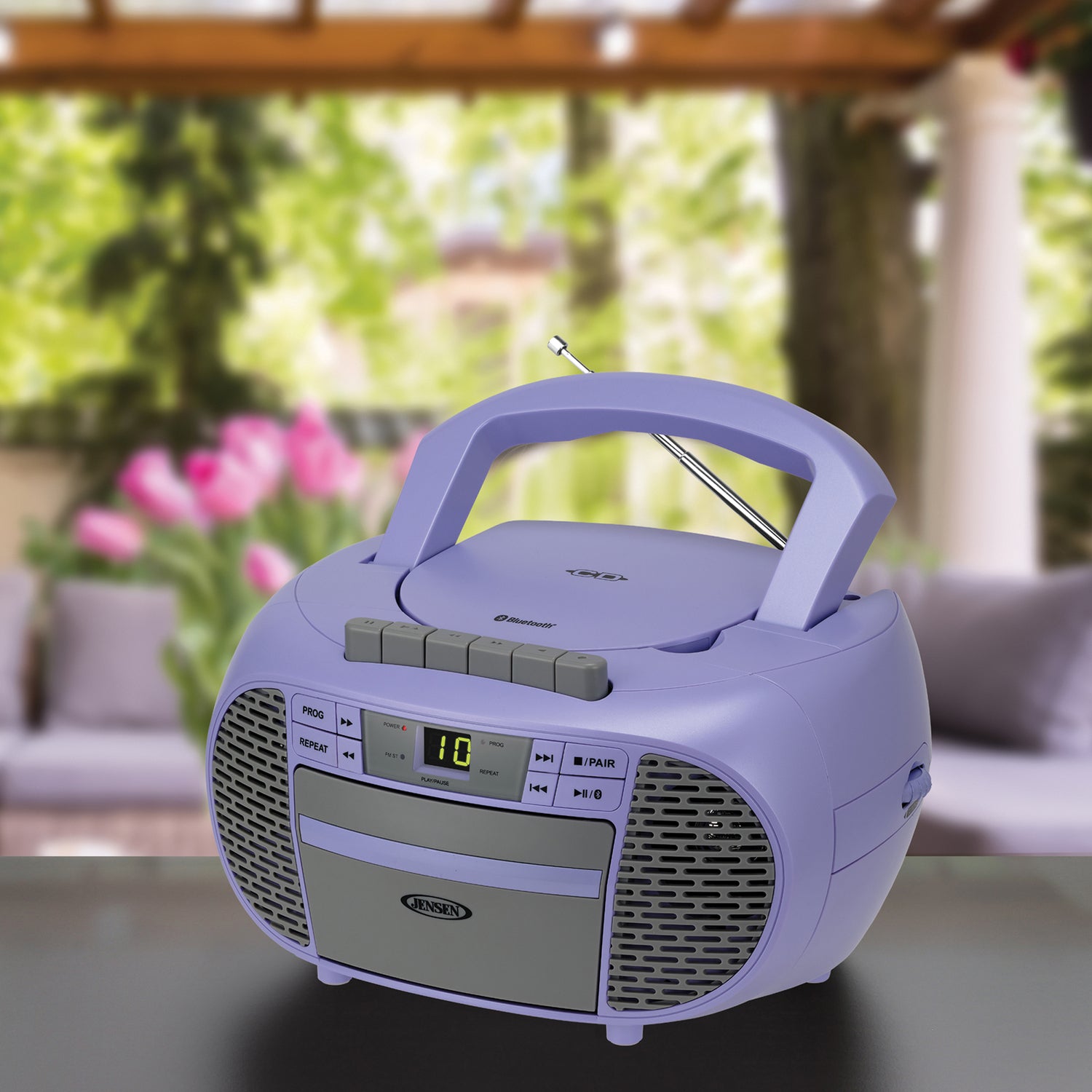 Jensen Portable Bluetooth CD Music System with Built-in Speakers, Cassette Player/Recorder, AM/FM Radio, and Aux, CD-550ABT, Purple
