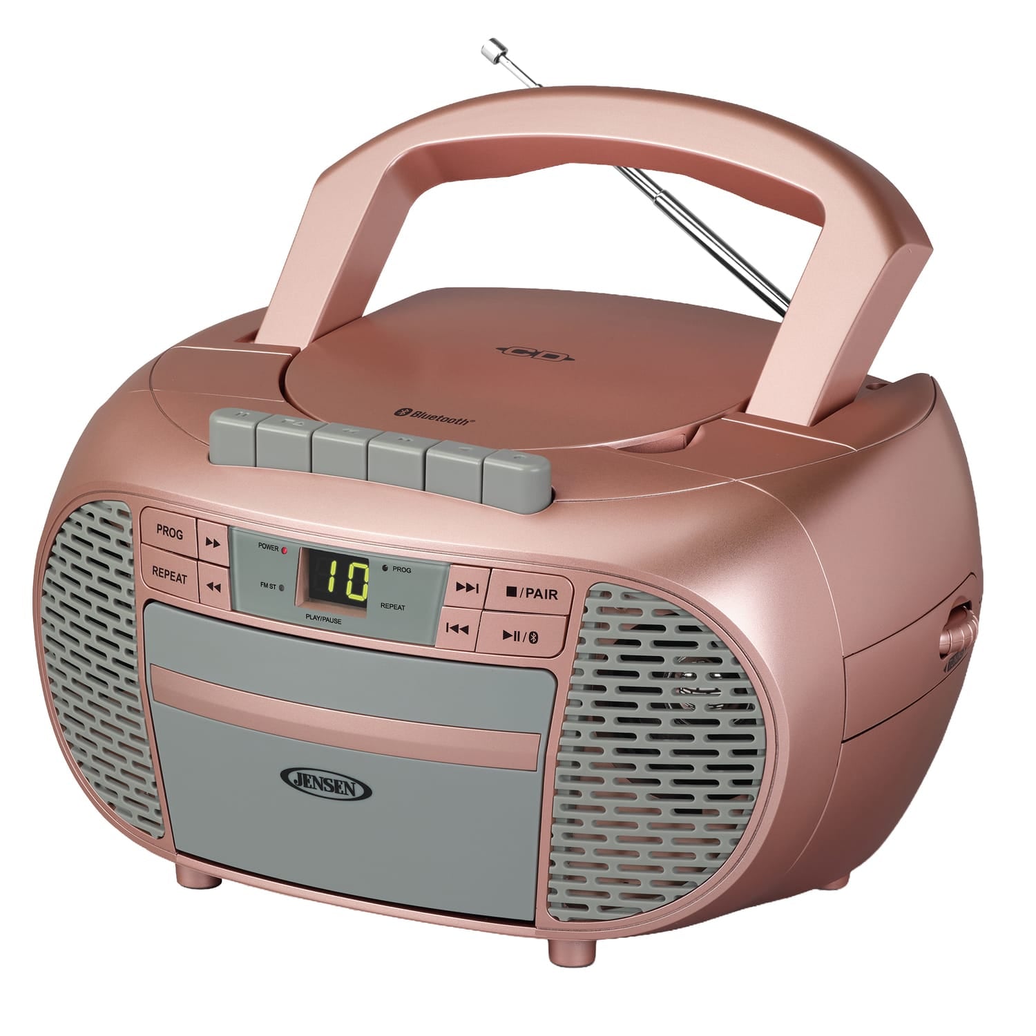 Jensen Portable Bluetooth CD Music System with Built-in Speakers, Cassette Player/Recorder, AM/FM Radio, and Aux, CD-550ABT, Metallic
