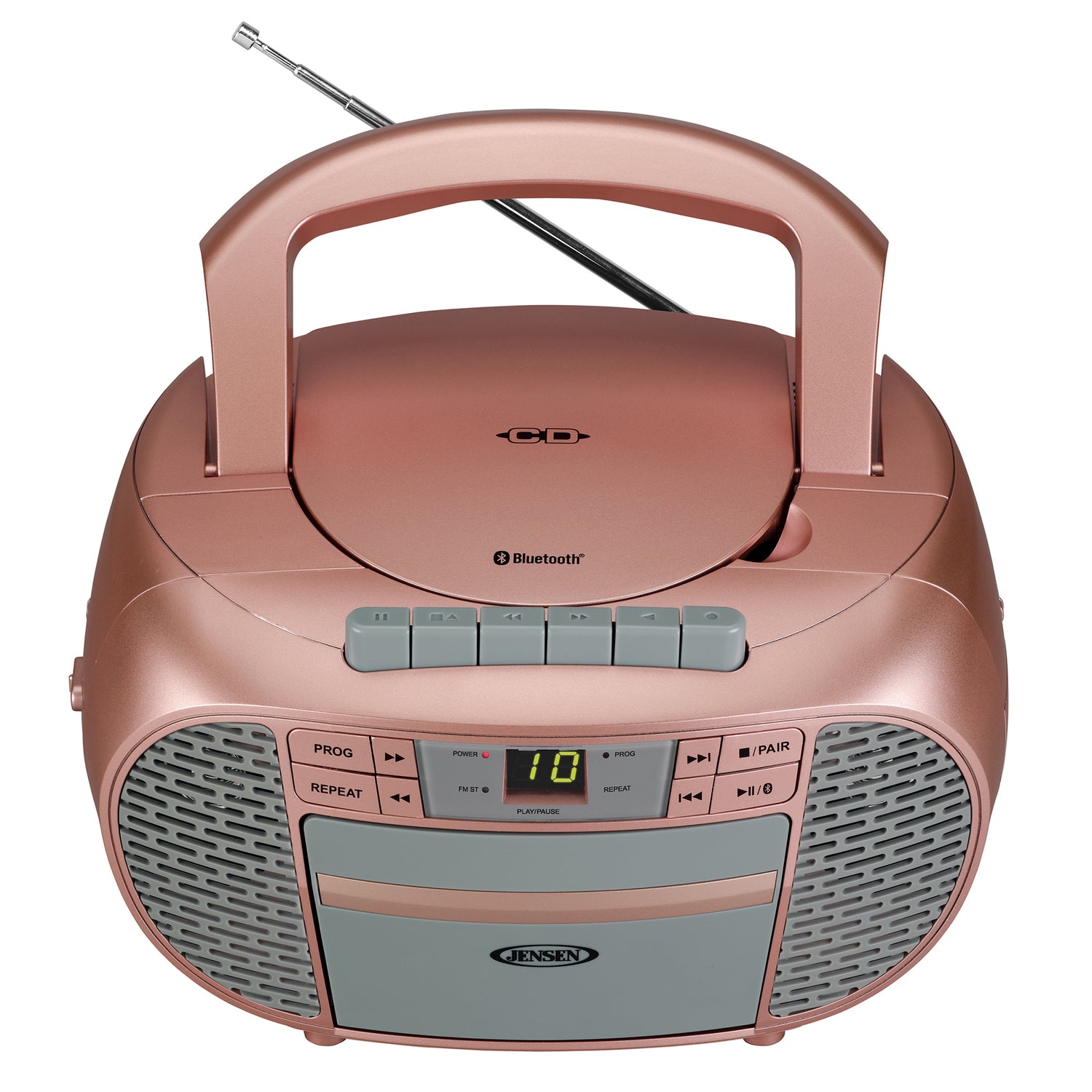 Jensen Portable Bluetooth CD Music System with Built-in Speakers, Cassette Player/Recorder, AM/FM Radio, and Aux, CD-550ABT, Metallic