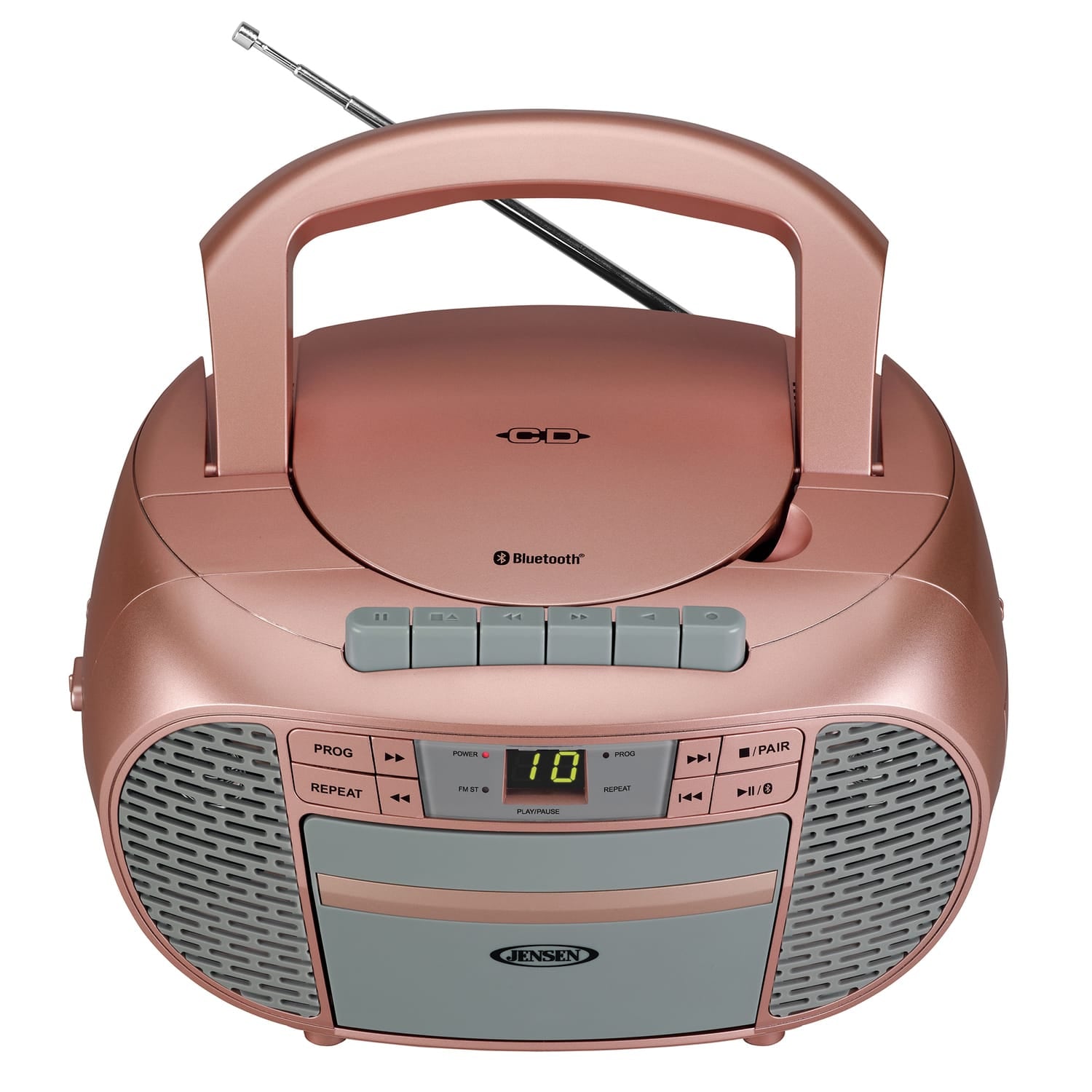 Jensen Portable Bluetooth CD Music System with Built-in Speakers, Cassette Player/Recorder, AM/FM Radio, and Aux, CD-550ABT, Metallic