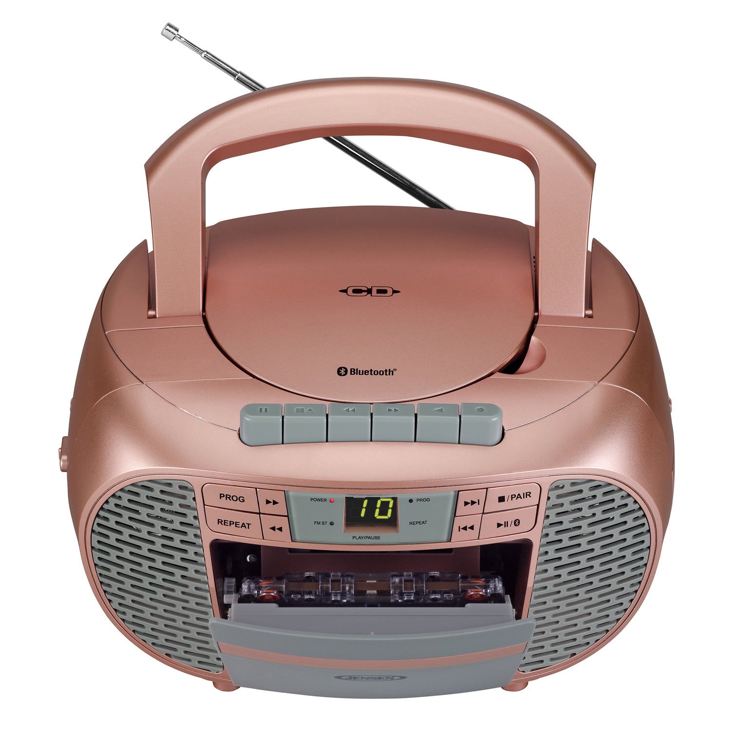 Jensen Portable Bluetooth CD Music System with Built-in Speakers, Cassette Player/Recorder, AM/FM Radio, and Aux, CD-550ABT, Metallic