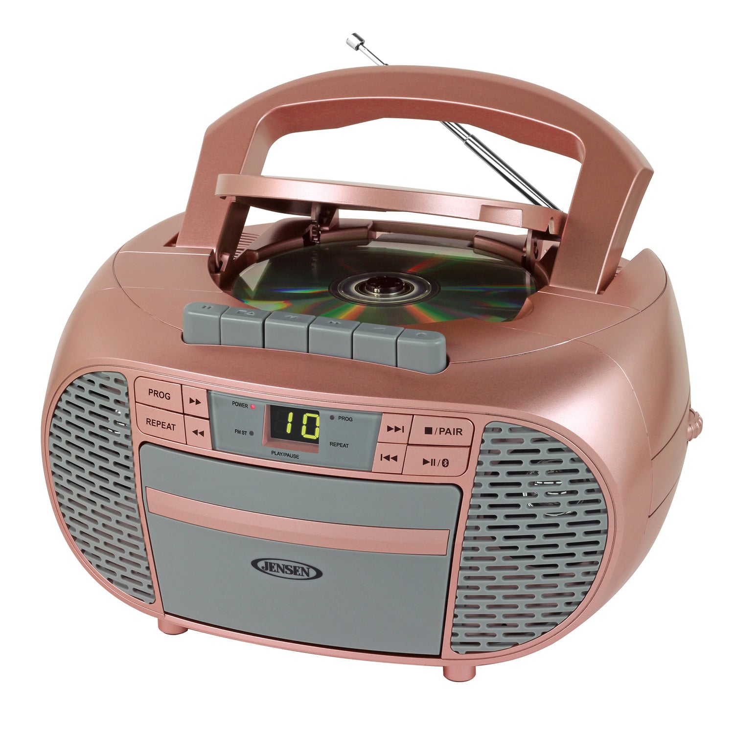 Jensen Portable Bluetooth CD Music System with Built-in Speakers, Cassette Player/Recorder, AM/FM Radio, and Aux, CD-550ABT, Metallic