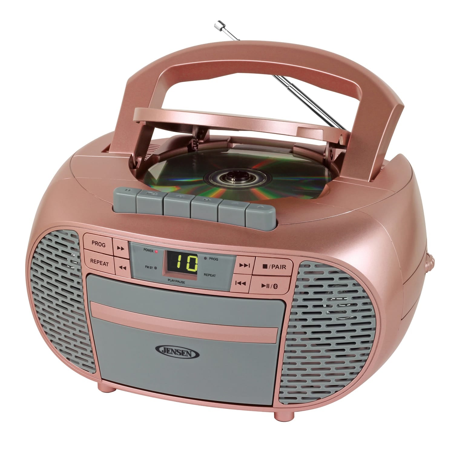 Jensen Portable Bluetooth CD Music System with Built-in Speakers, Cassette Player/Recorder, AM/FM Radio, and Aux, CD-550ABT, Metallic