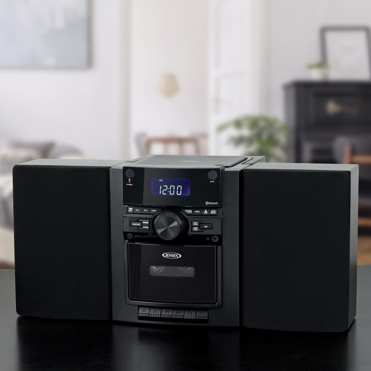 Jensen 10-Watt Portable Bluetooth Home Stereo System with Detachable Speakers, CD/Cassette Players, AM/FM Radio, Alarm Clock, and Remote, CD-785