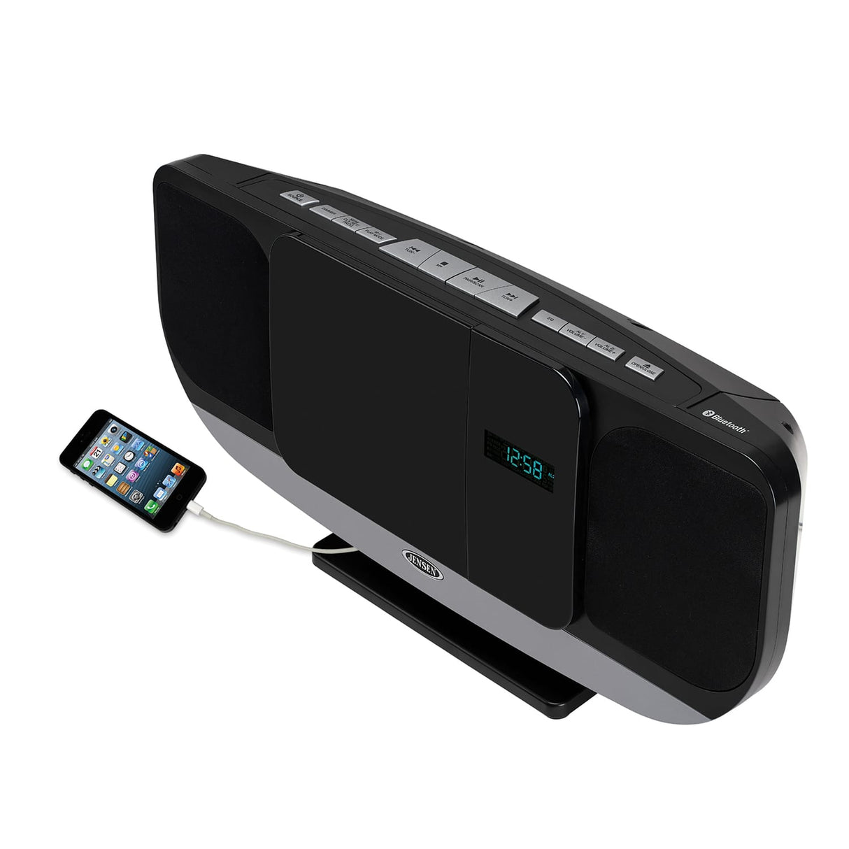 Jensen 10-Watt Wall-Mountable Bluetooth Home Stereo System with Built-in Speakers, CD Player, FM Radio, Alarm, USB Charger, Aux, and Remote, JBS-215