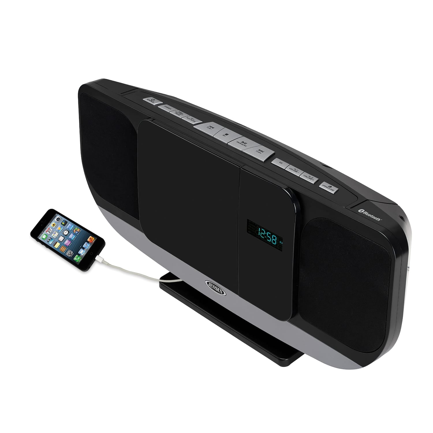 Jensen 10-Watt Wall-Mountable Bluetooth Home Stereo System with Built-in Speakers, CD Player, FM Radio, Alarm, USB Charger, Aux, and Remote, JBS-215