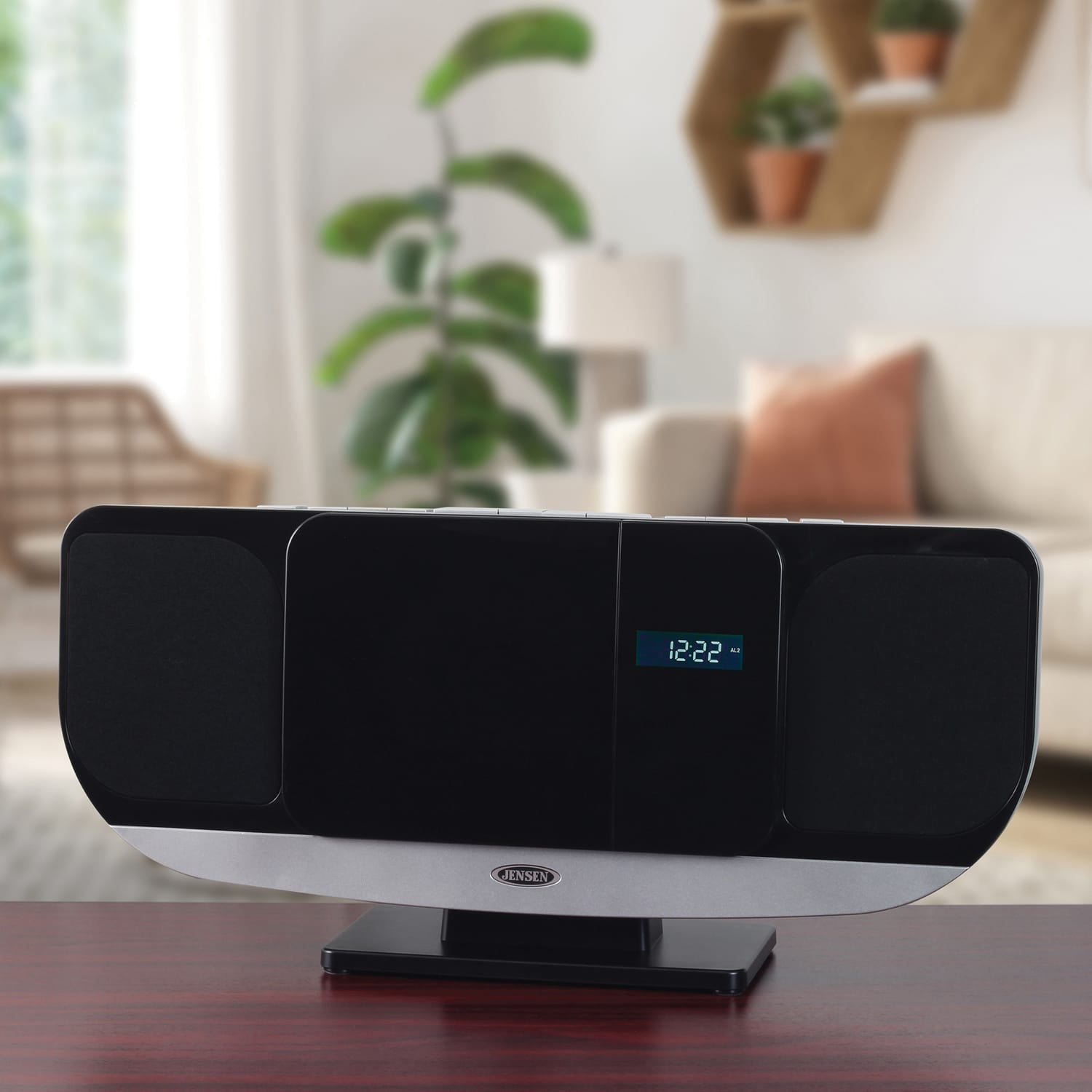 Jensen 10-Watt Wall-Mountable Bluetooth Home Stereo System with Built-in Speakers, CD Player, FM Radio, Alarm, USB Charger, Aux, and Remote, JBS-215