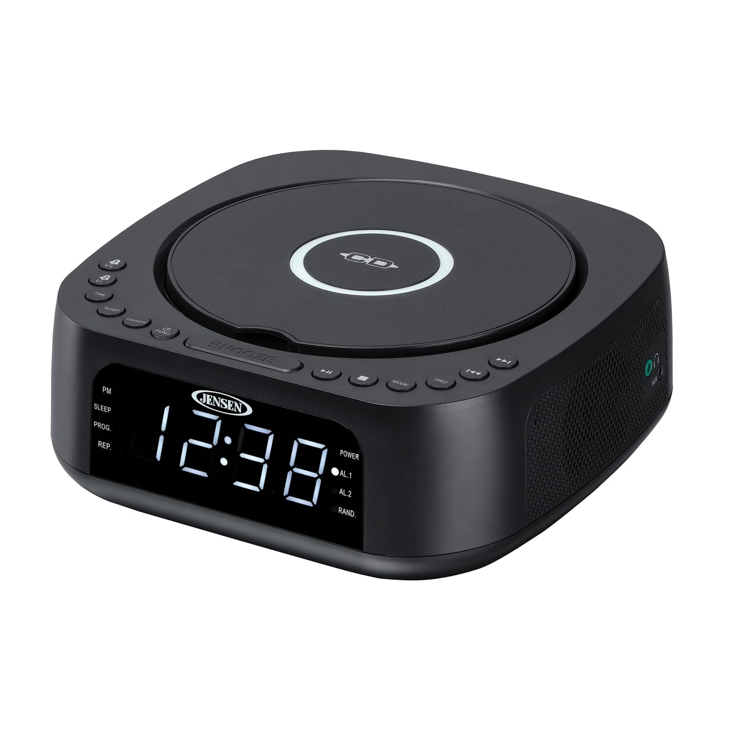 Jensen Stereo Digital Dual-Alarm Clock with Top-Loading CD Player, FM Tuner, USB Charging Port, and Battery Backup