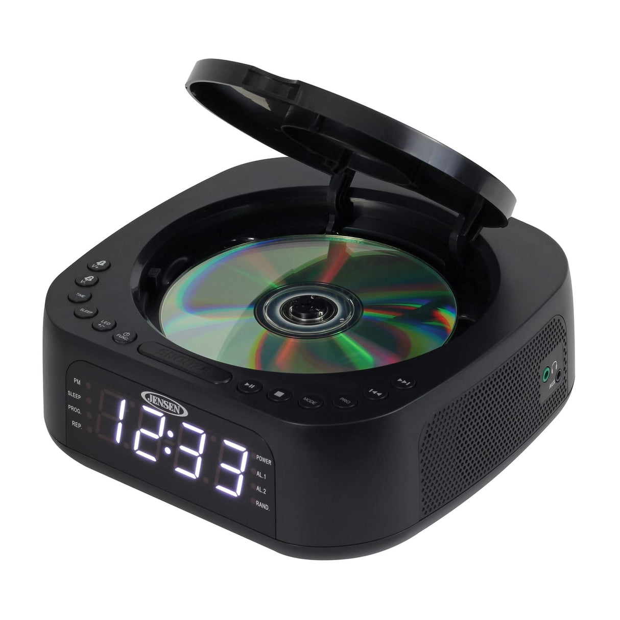 Jensen Stereo Digital Dual-Alarm Clock with Top-Loading CD Player, FM Tuner, USB Charging Port, and Battery Backup