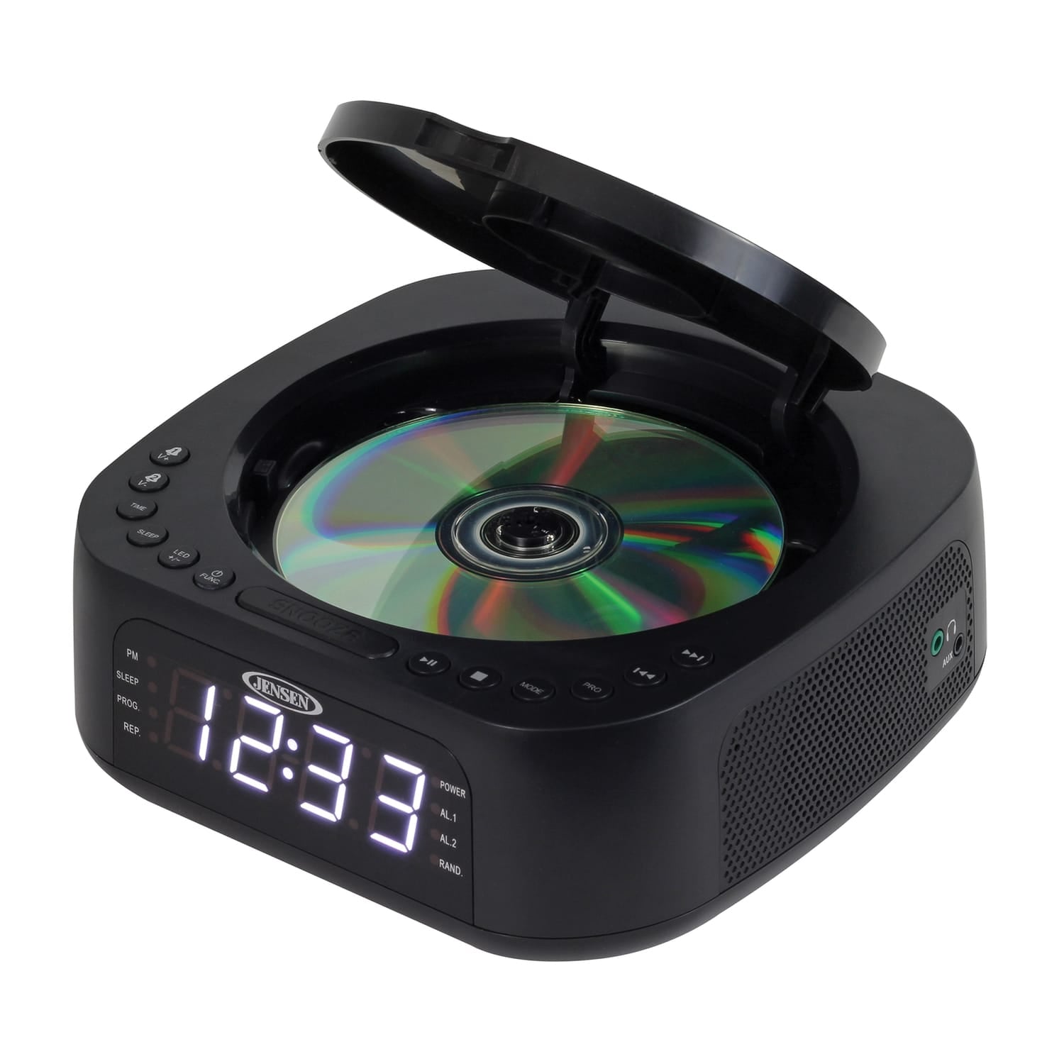 Jensen Stereo Digital Dual-Alarm Clock with Top-Loading CD Player, FM Tuner, USB Charging Port, and Battery Backup