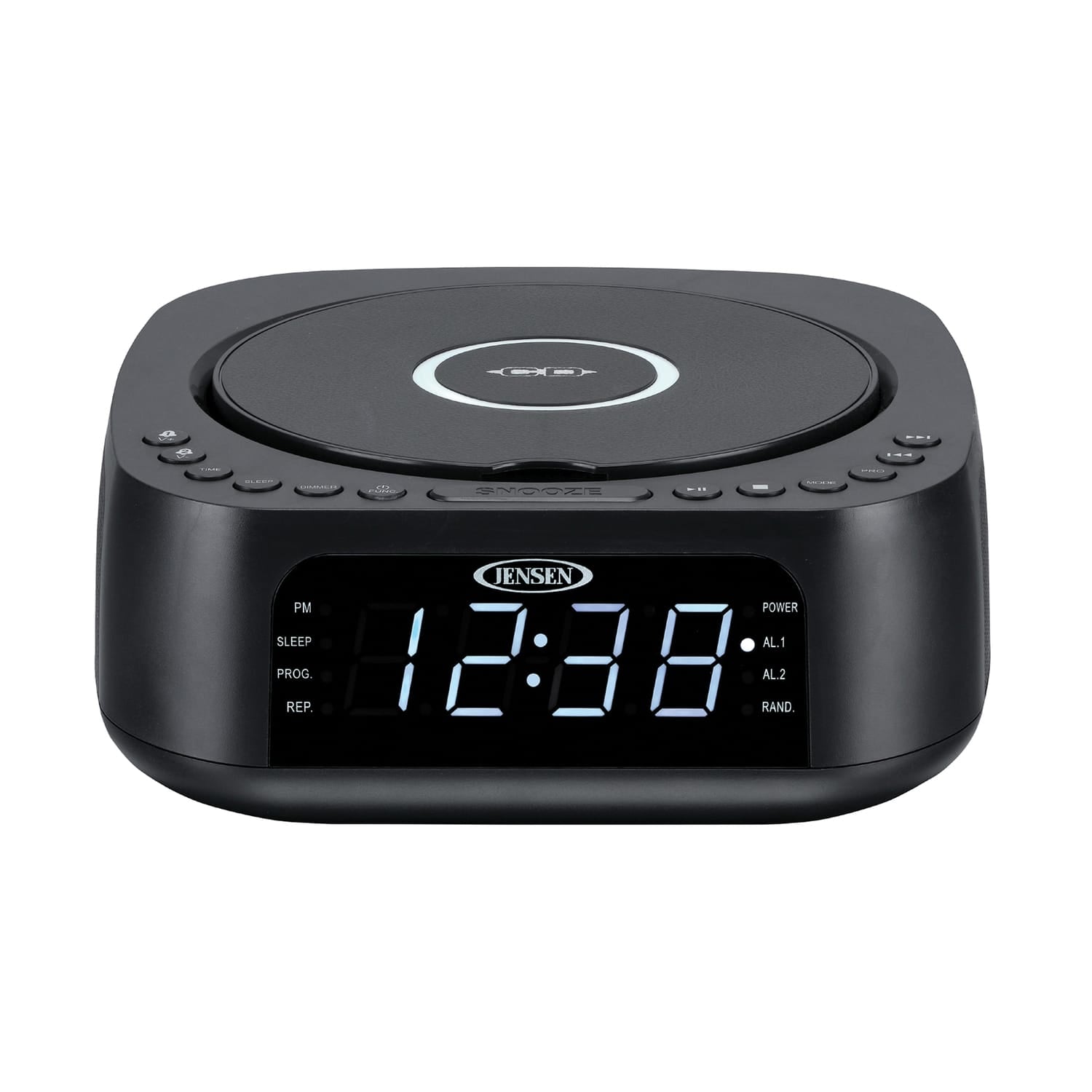 Jensen Stereo Digital Dual-Alarm Clock with Top-Loading CD Player, FM Tuner, USB Charging Port, and Battery Backup