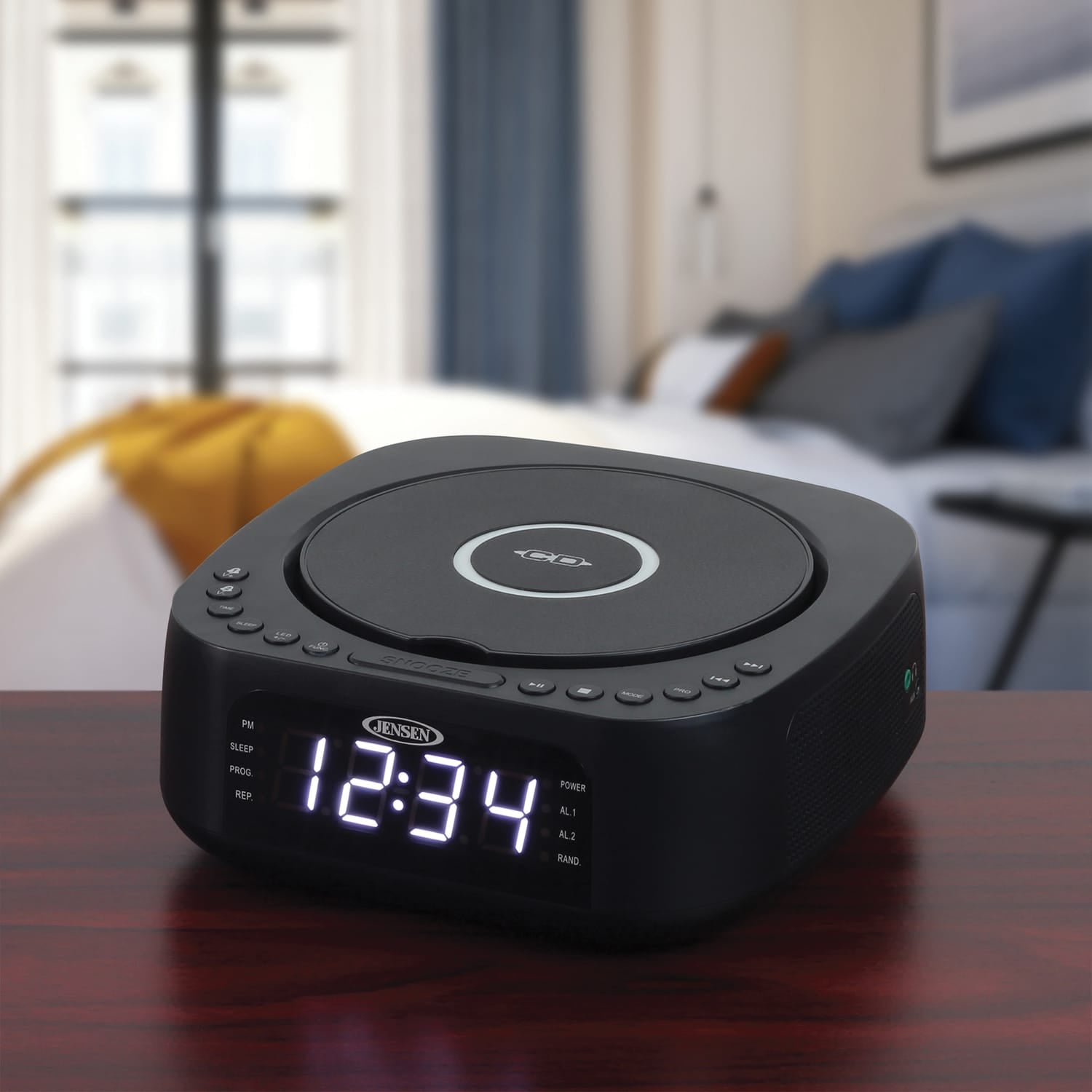 Jensen Stereo Digital Dual-Alarm Clock with Top-Loading CD Player, FM Tuner, USB Charging Port, and Battery Backup