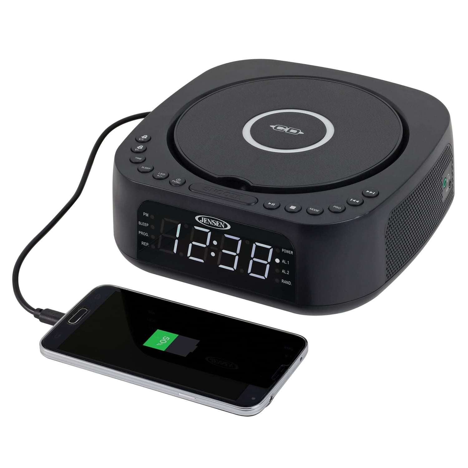 Jensen Stereo Digital Dual-Alarm Clock with Top-Loading CD Player, FM Tuner, USB Charging Port, and Battery Backup