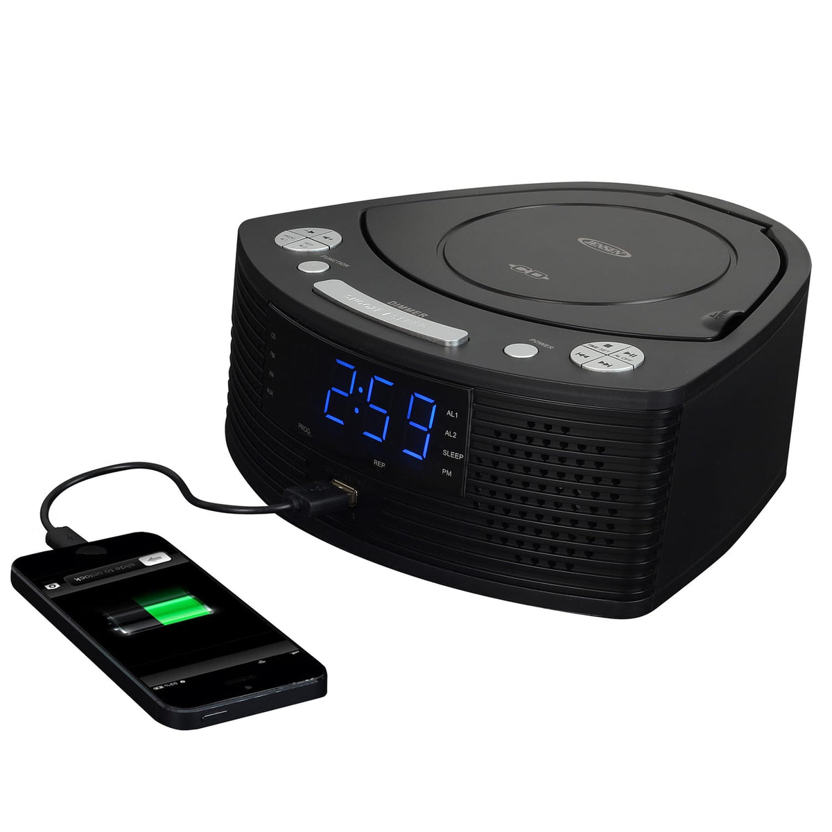 Jensen Dual-Alarm Clock Radio with AM/FM, Top-Loading CD Player, 0.9-In. Blue LED Display, Dimmer, Battery Backup, Sleep/Snooze, Aux Input