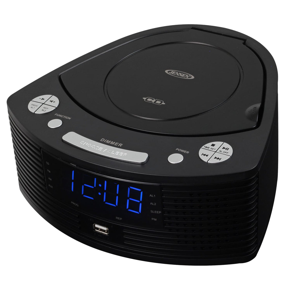 Jensen Dual-Alarm Clock Radio with AM/FM, Top-Loading CD Player, 0.9-In. Blue LED Display, Dimmer, Battery Backup, Sleep/Snooze, Aux Input