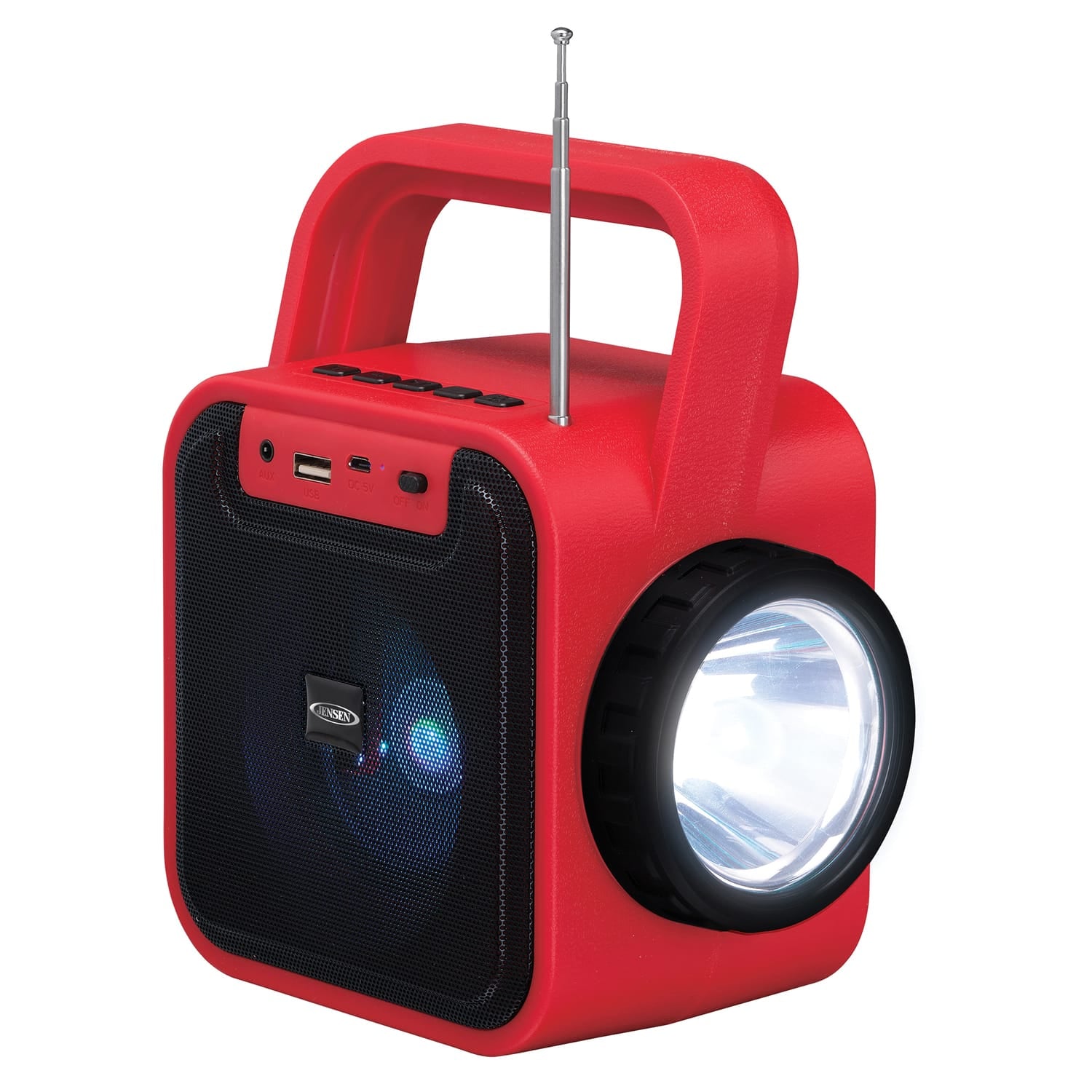 Jensen Portable Rechargeable Bluetooth Speaker with FM Radio, Flashlight, Solar Panel, and USB Port, Red, JEP-175