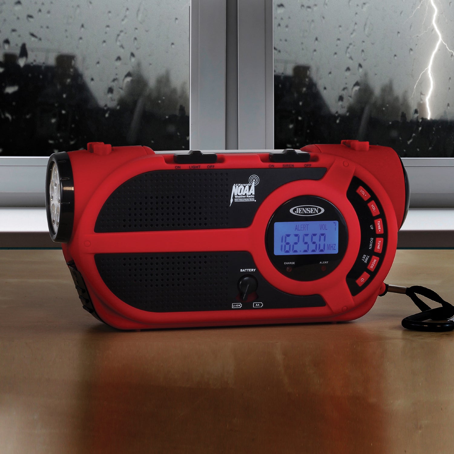 Jensen Portable Digital AM/FM Weather Radio with Weather Alert, Flashlight, and 4-Way Charging, Red, JEP-650