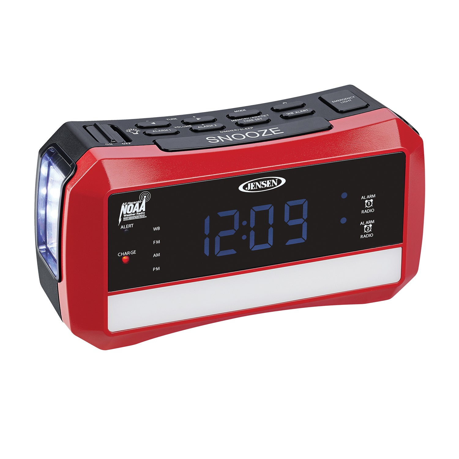 Jensen Digital AM/FM Weather Alarm Clock Radio with Weather Alert, Emergency Light, and Flashlight, Red, JEP-775