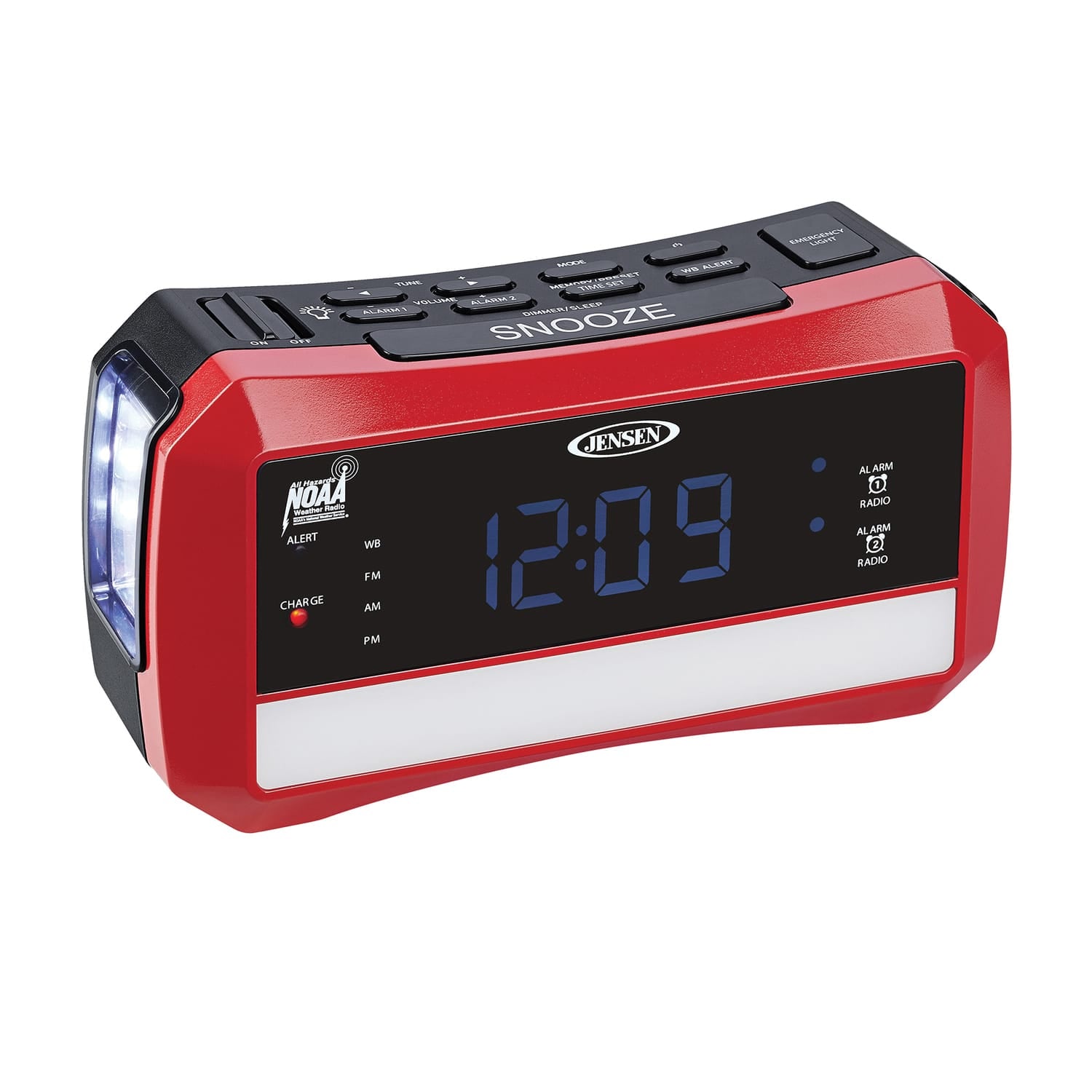 Jensen Digital AM/FM Weather Alarm Clock Radio with Weather Alert, Emergency Light, and Flashlight, Red, JEP-775