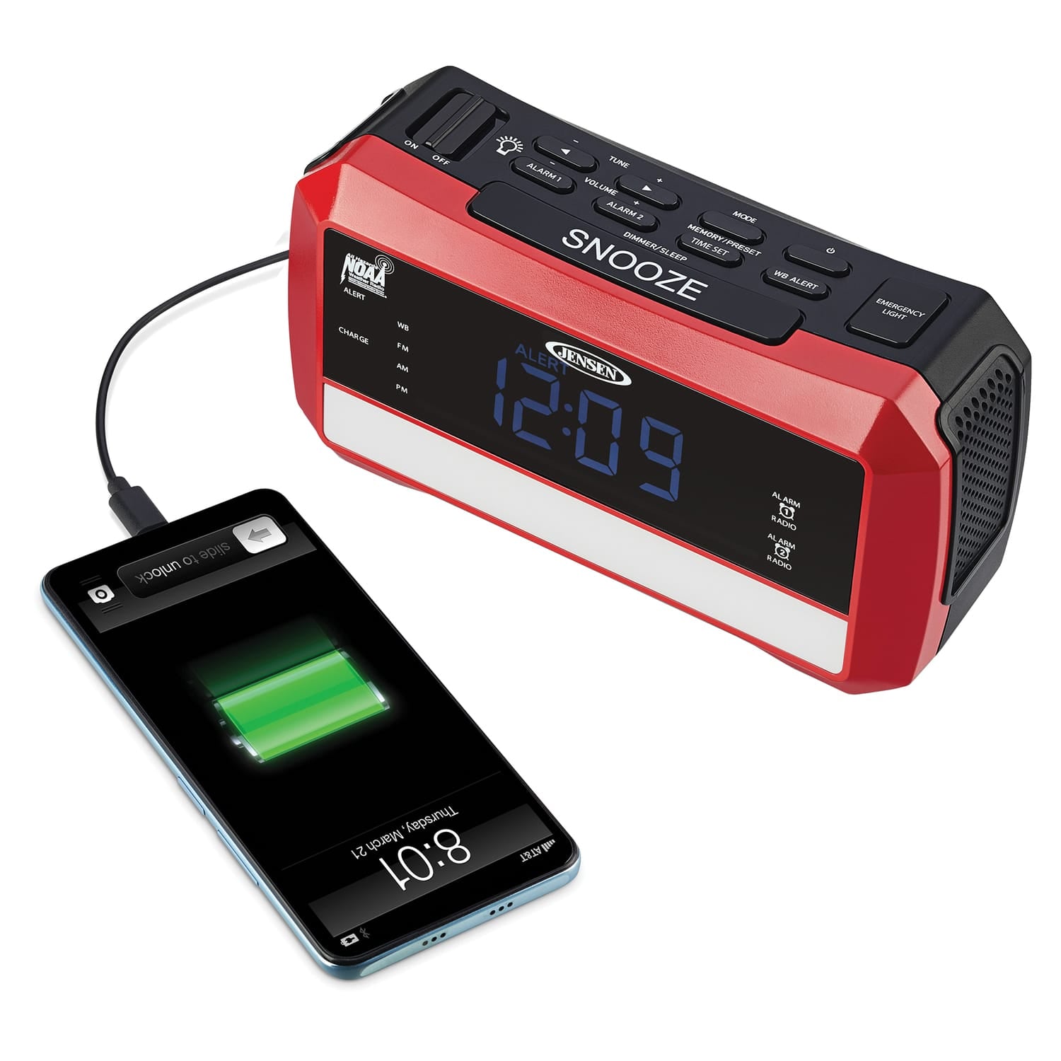 Jensen Digital AM/FM Weather Alarm Clock Radio with Weather Alert, Emergency Light, and Flashlight, Red, JEP-775