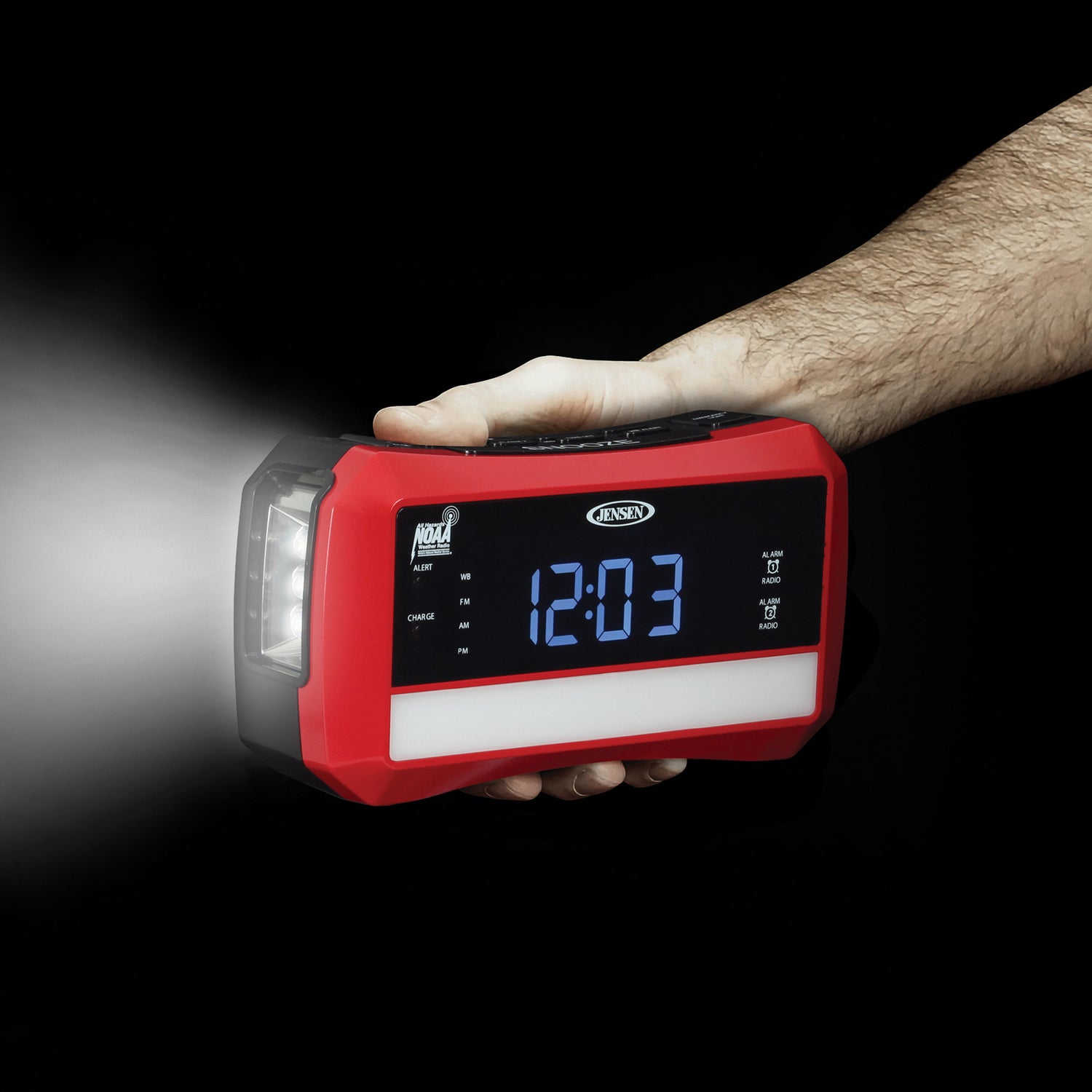 Jensen Digital AM/FM Weather Alarm Clock Radio with Weather Alert, Emergency Light, and Flashlight, Red, JEP-775