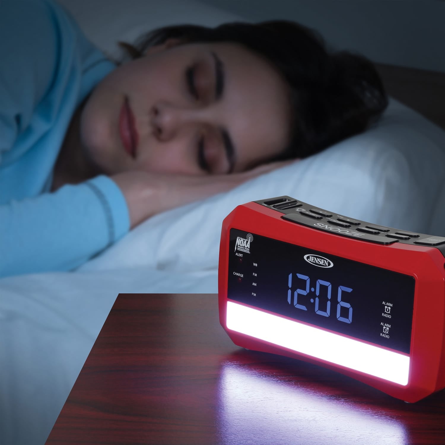 Jensen Digital AM/FM Weather Alarm Clock Radio with Weather Alert, Emergency Light, and Flashlight, Red, JEP-775